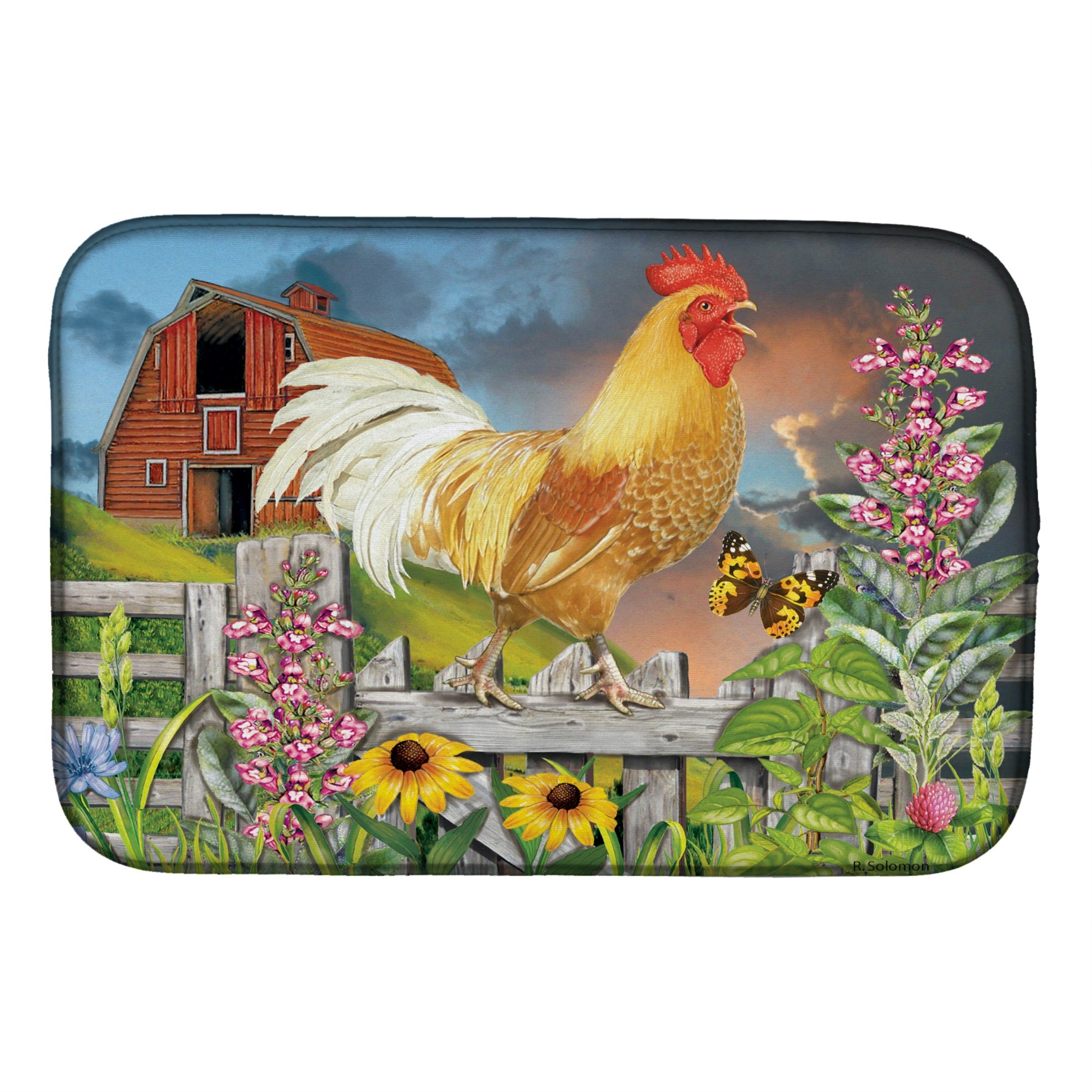 Yellow Rooster Greeting The Day Dish Drying Mat