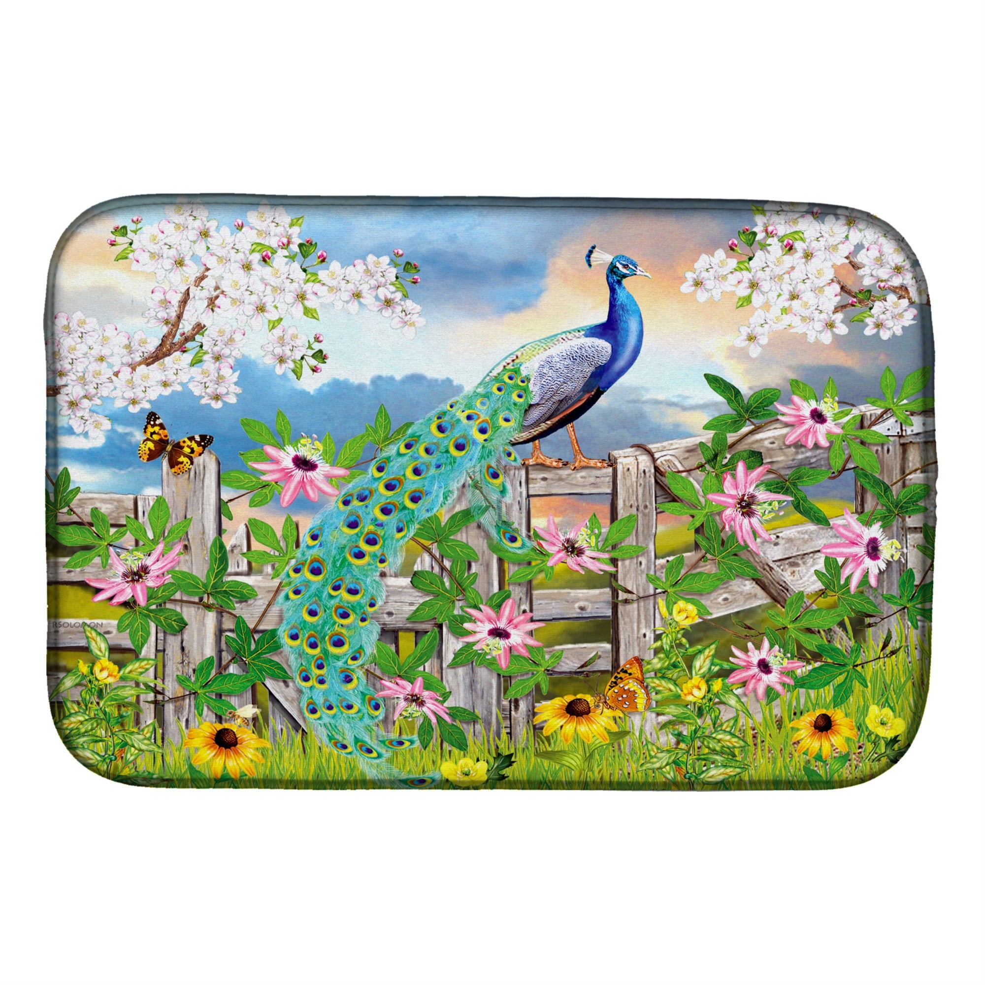 Peacock On Garden Fence Dish Drying Mat