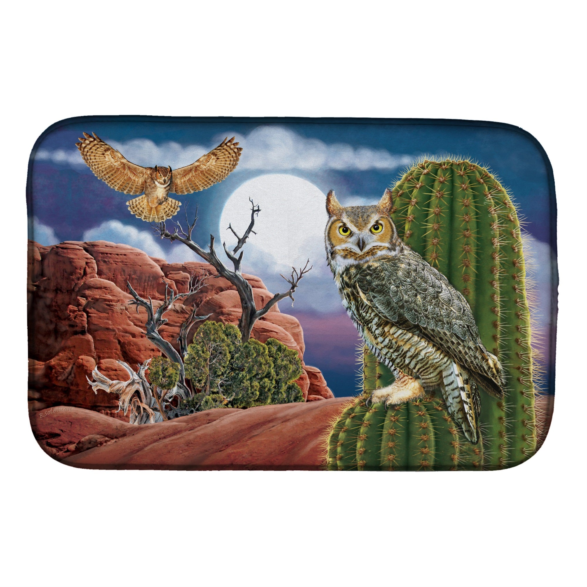 Great Horned Owl In The Desert Dish Drying Mat