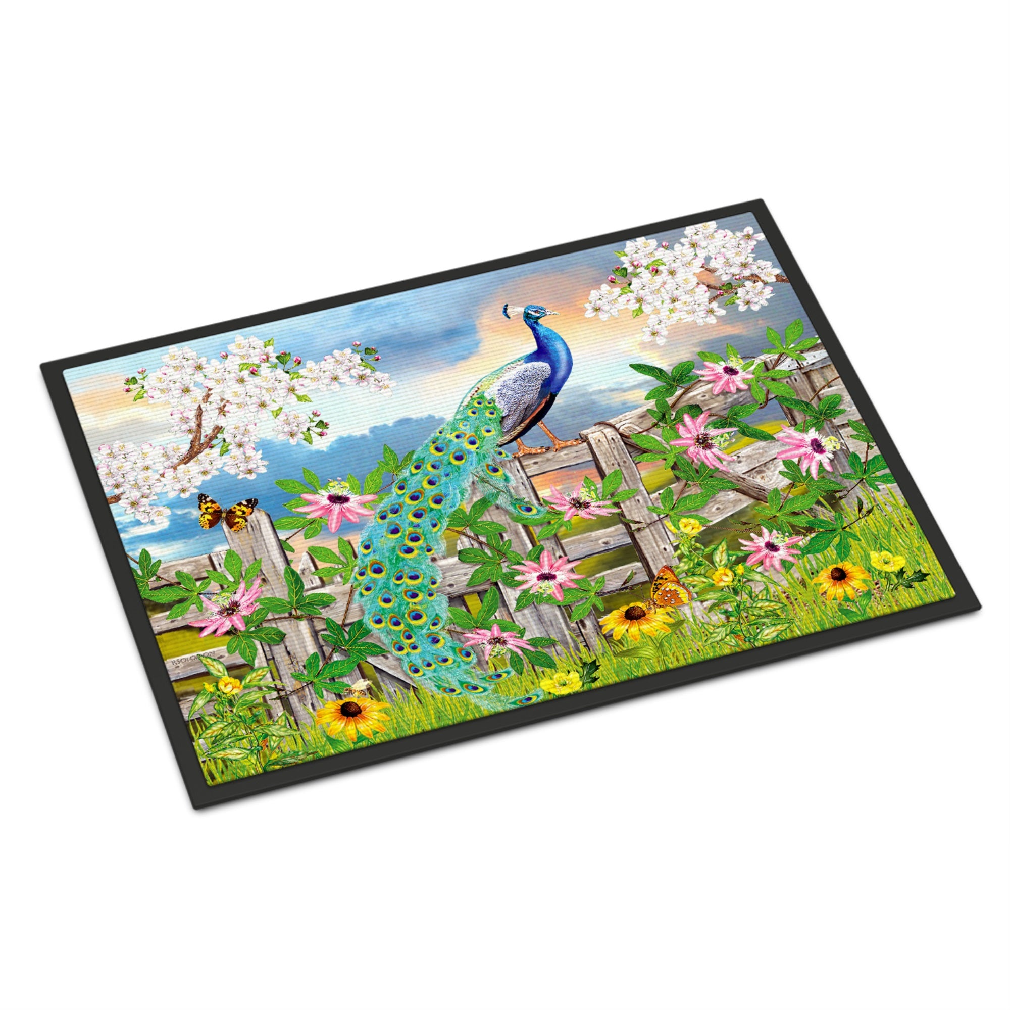 Peacock On Garden Fence Indoor Or Outdoor Mat 24X36