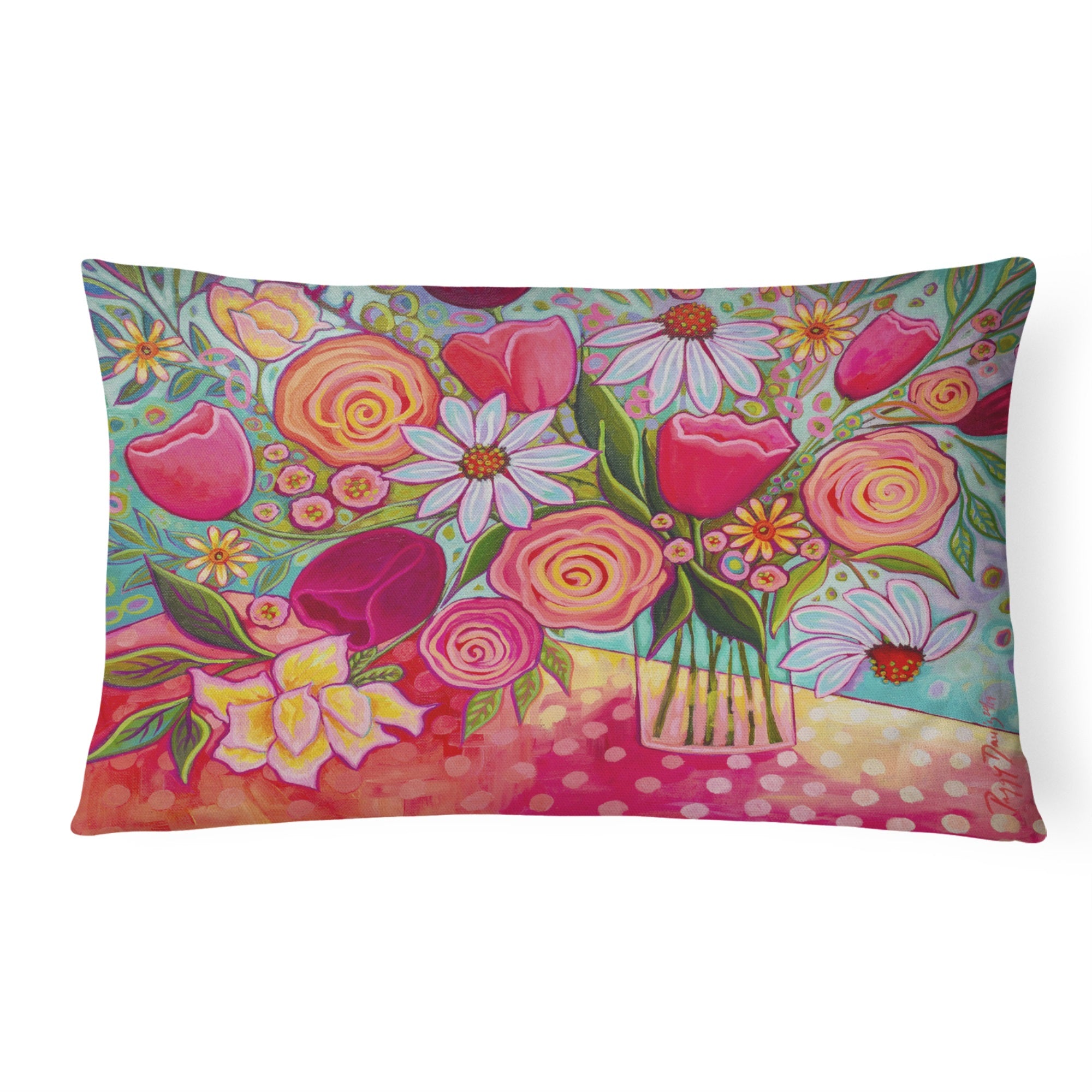 Polka Dots Flowers Canvas Fabric Decorative Pillow