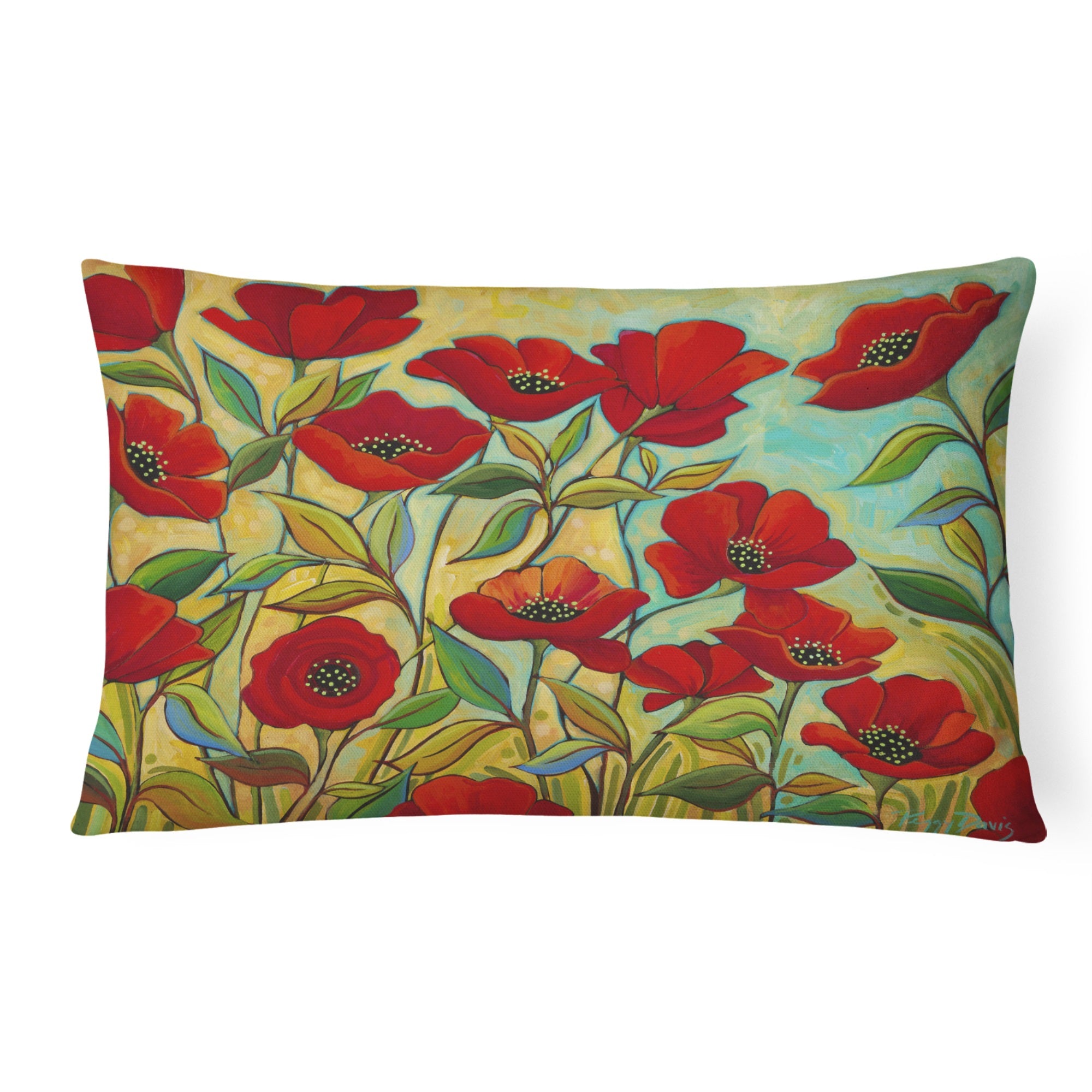 Poppy Garden Flowers Canvas Fabric Decorative Pillow
