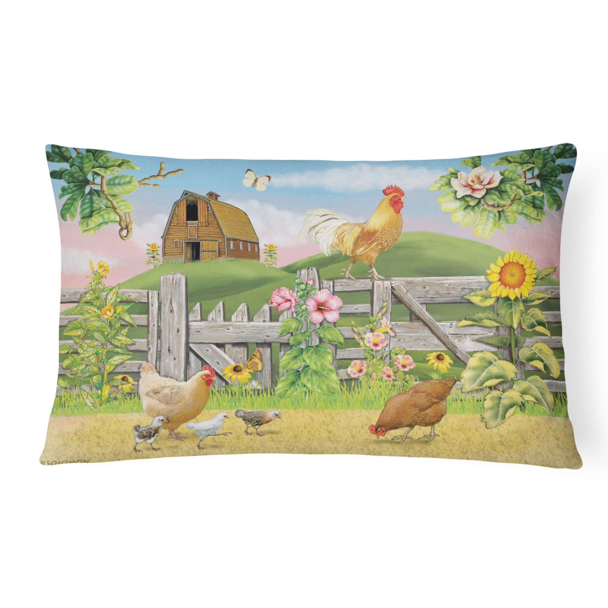 Rooster On Fence Canvas Fabric Decorative Pillow