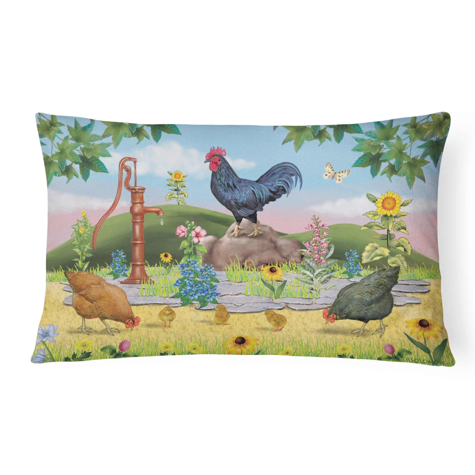 Rooster And Water Pump Canvas Fabric Decorative Pillow