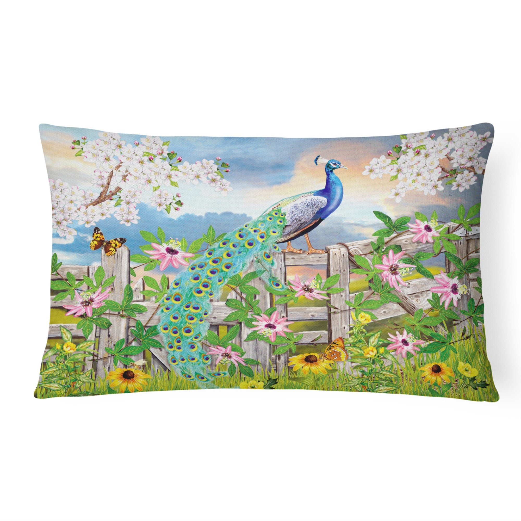 Peacock On Garden Fence Canvas Fabric Decorative Pillow