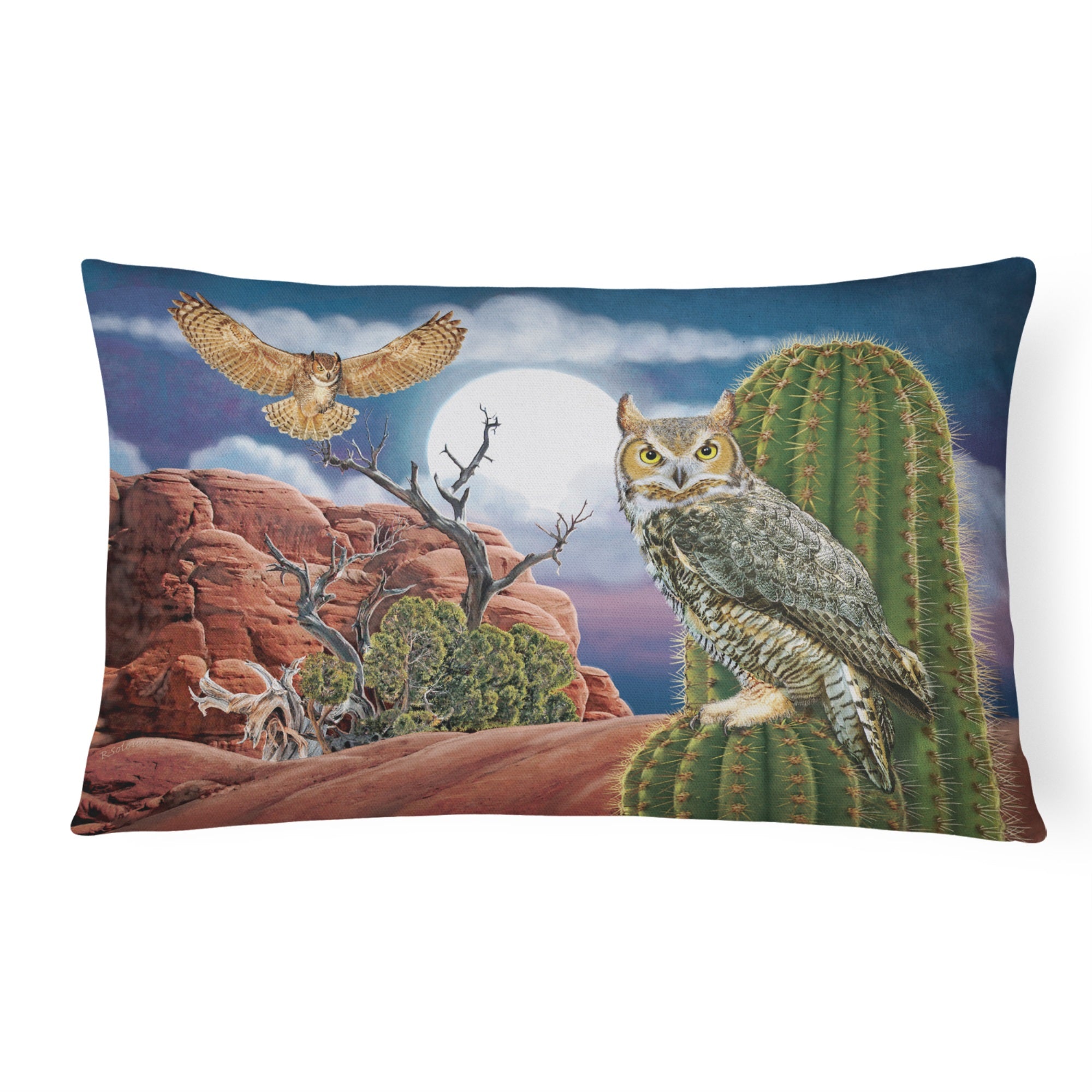 Great Horned Owl In The Desert Canvas Fabric Decorative Pillow