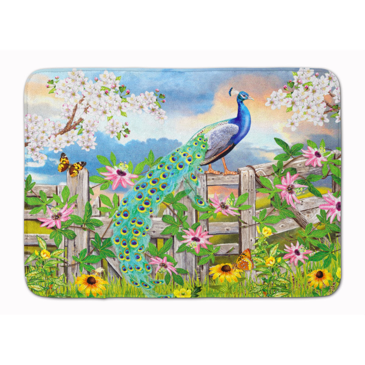 Peacock On Garden Fence Machine Washable Memory Foam Mat