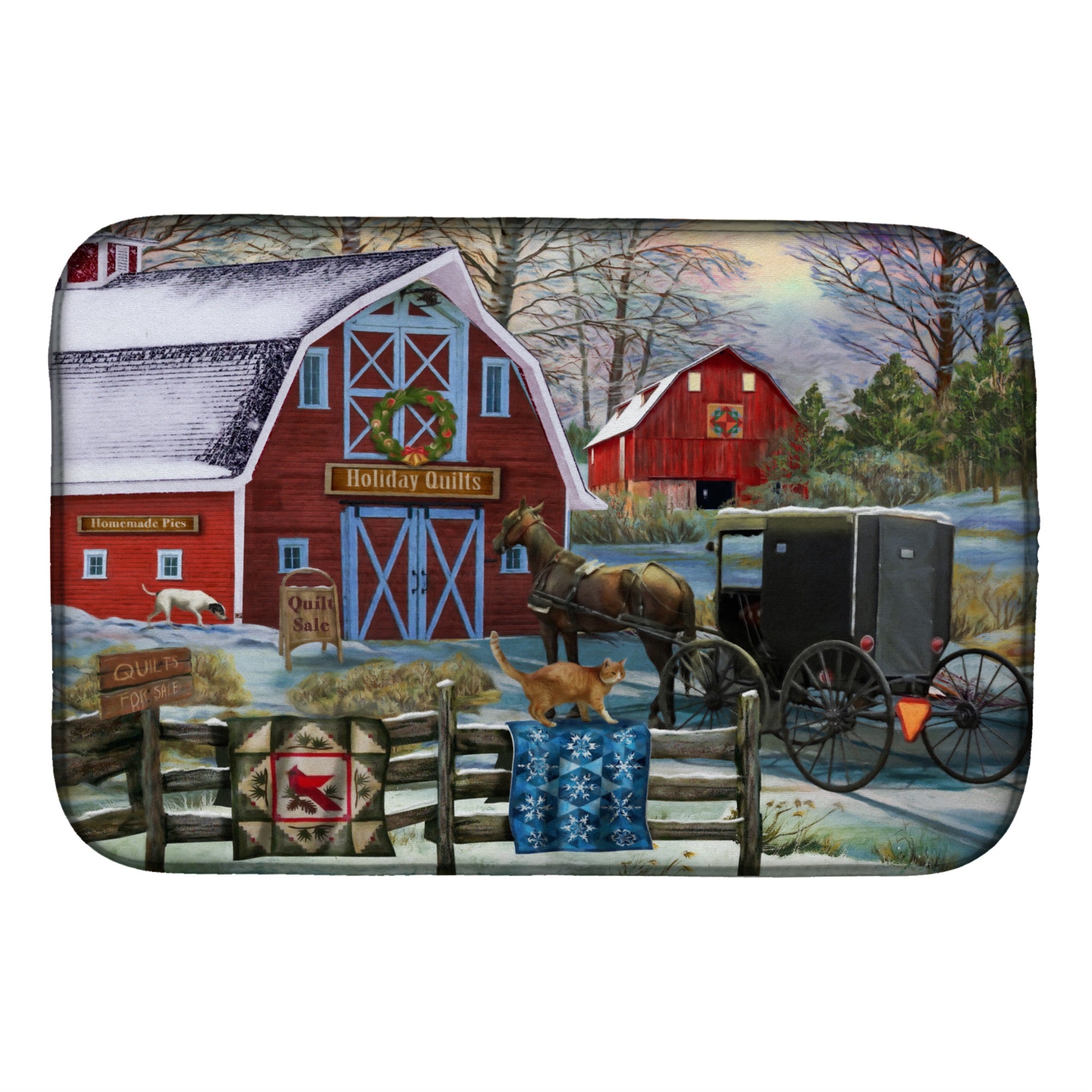 Christmas Holiday Quilt Shop Barn Dish Drying Mat
