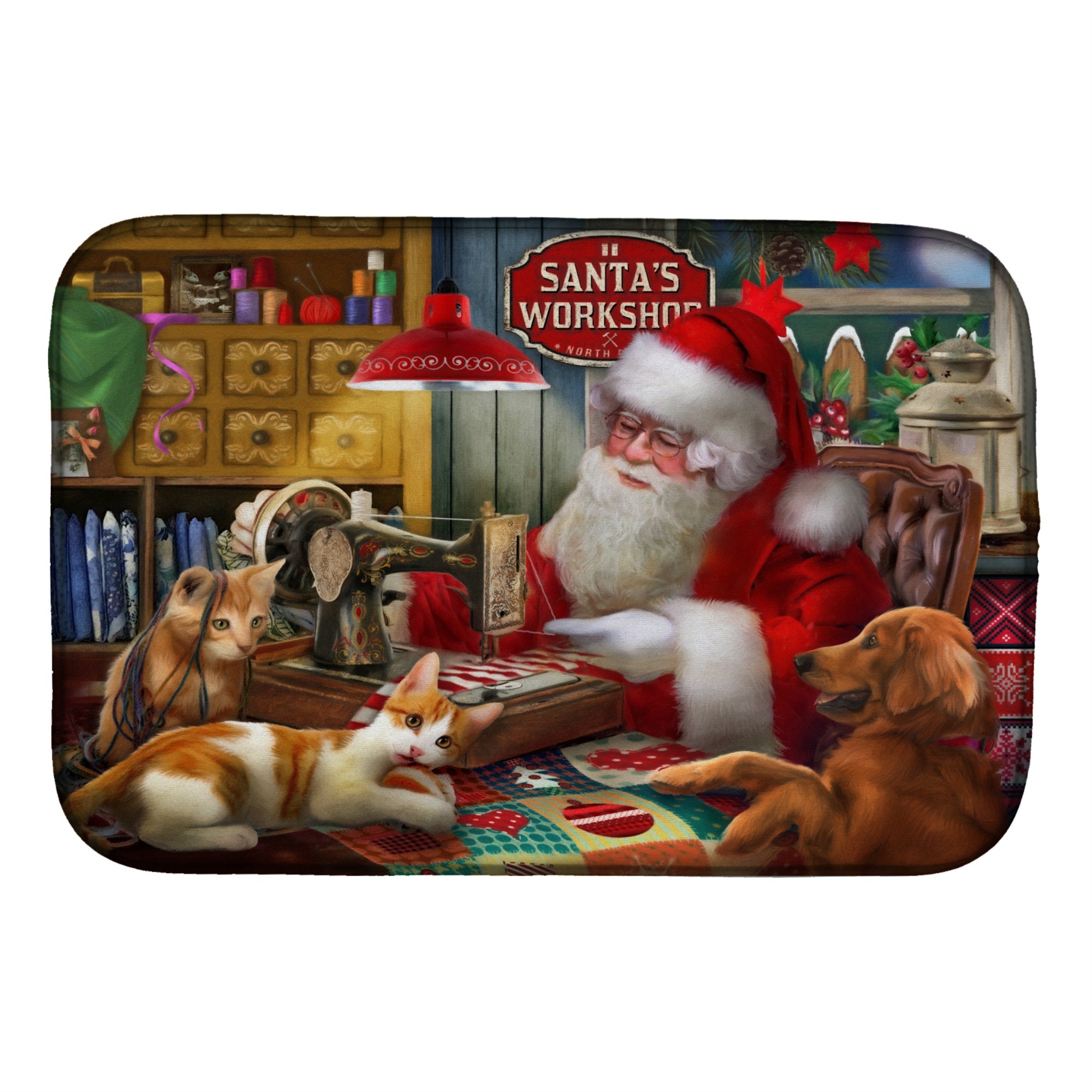 Santa'S Workshop, Golden Retriever And Cats Dish Drying Mat