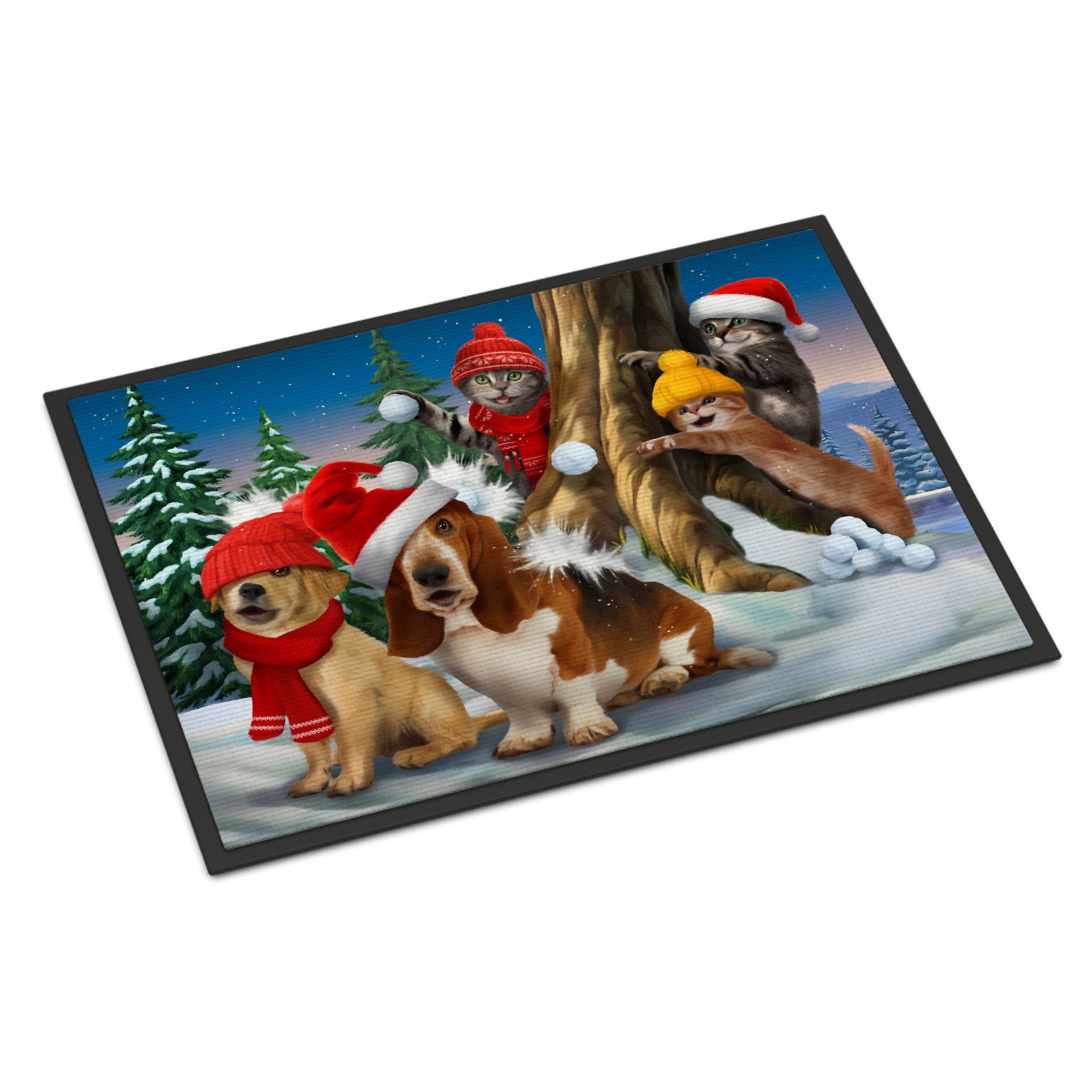 Basset, Golden And Cats Snowball Fight Indoor Or Outdoor Mat 24X36