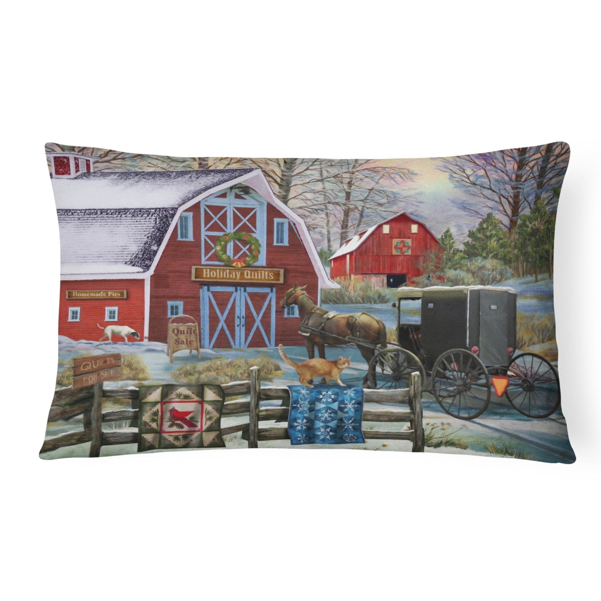Christmas Holiday Quilt Shop Barn Canvas Fabric Decorative Pillow