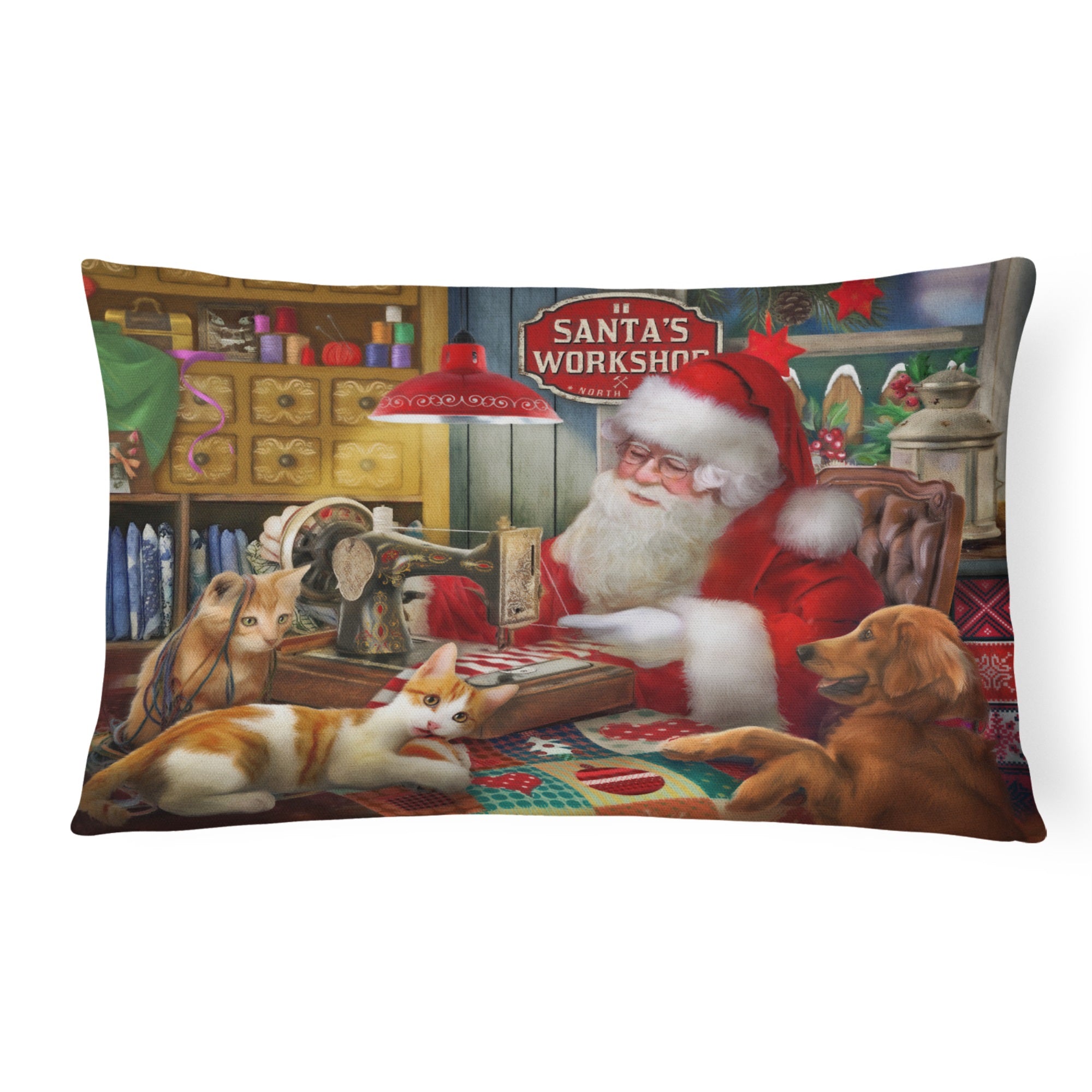 Santa'S Workshop, Golden Retriever And Cats Canvas Fabric Decorative Pillow