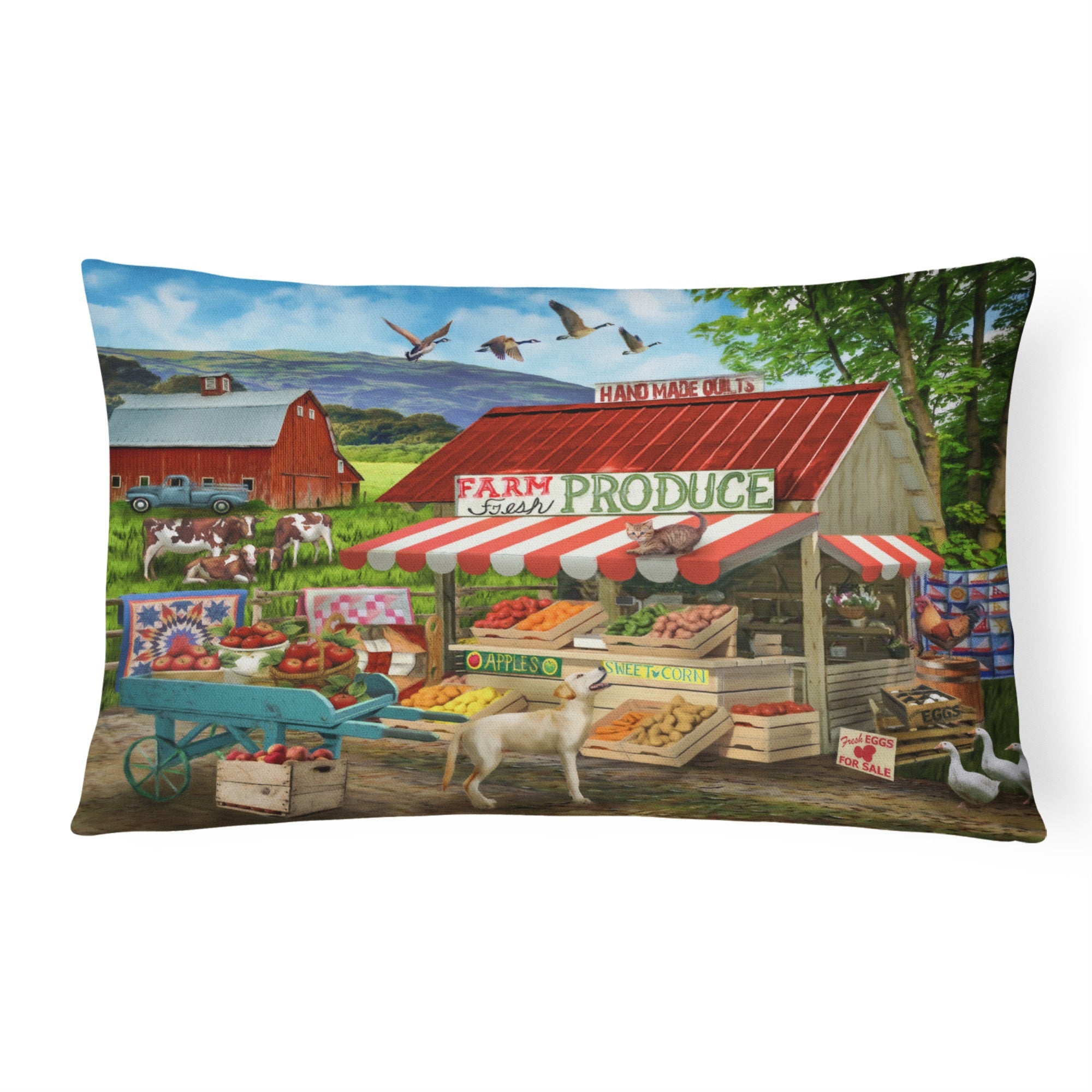 Produce Stand Yellow Lab And Cows Canvas Fabric Decorative Pillow