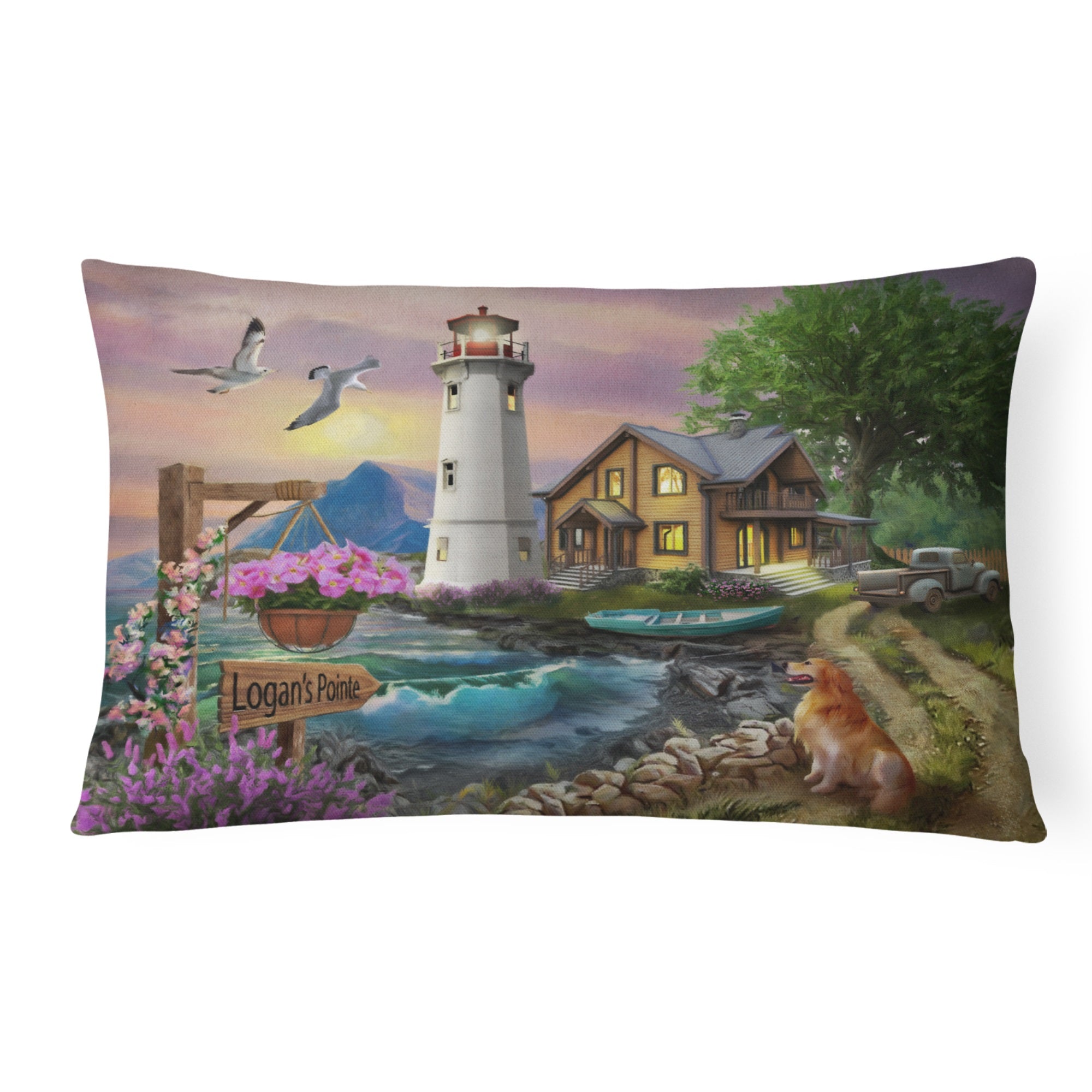 Logan'S Pointe Lighthouse Golden Retriever Canvas Fabric Decorative Pillow