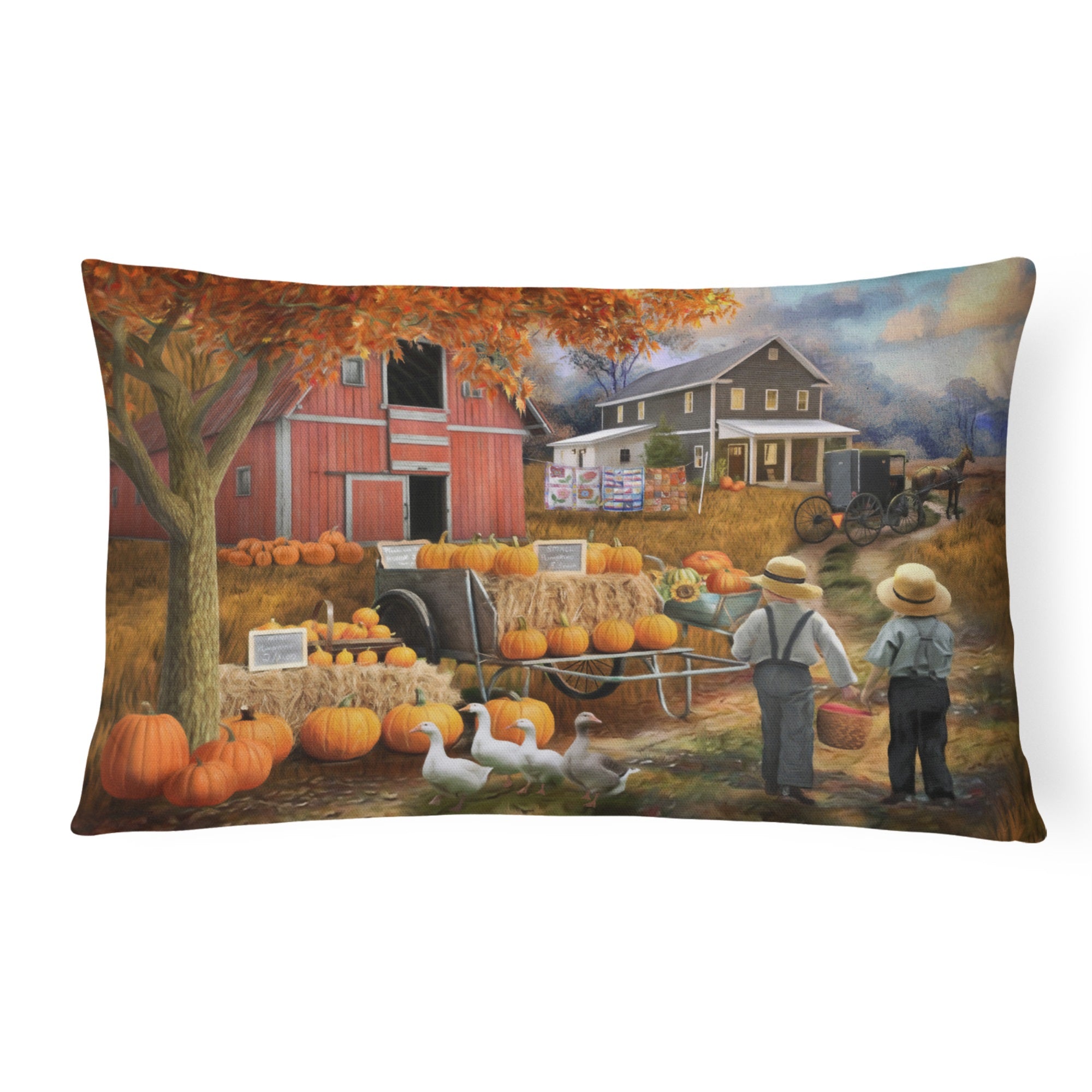 Fall Amish Pumpkin Stand Canvas Fabric Decorative Pillow