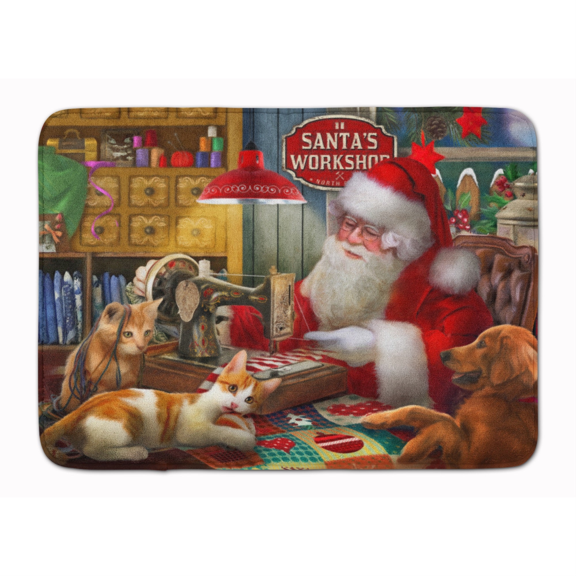 Santa'S Workshop, Golden Retriever And Cats Machine Washable Memory Foam Mat