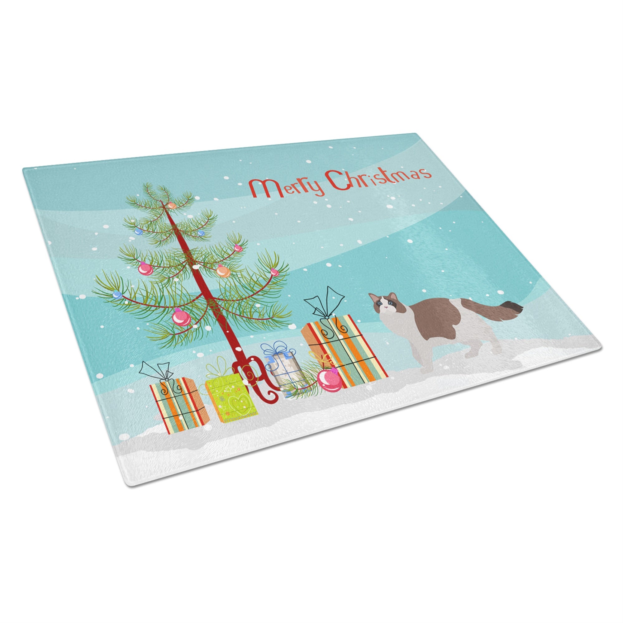 Ragdoll #3 Cat Merry Christmas Glass Cutting Board Large