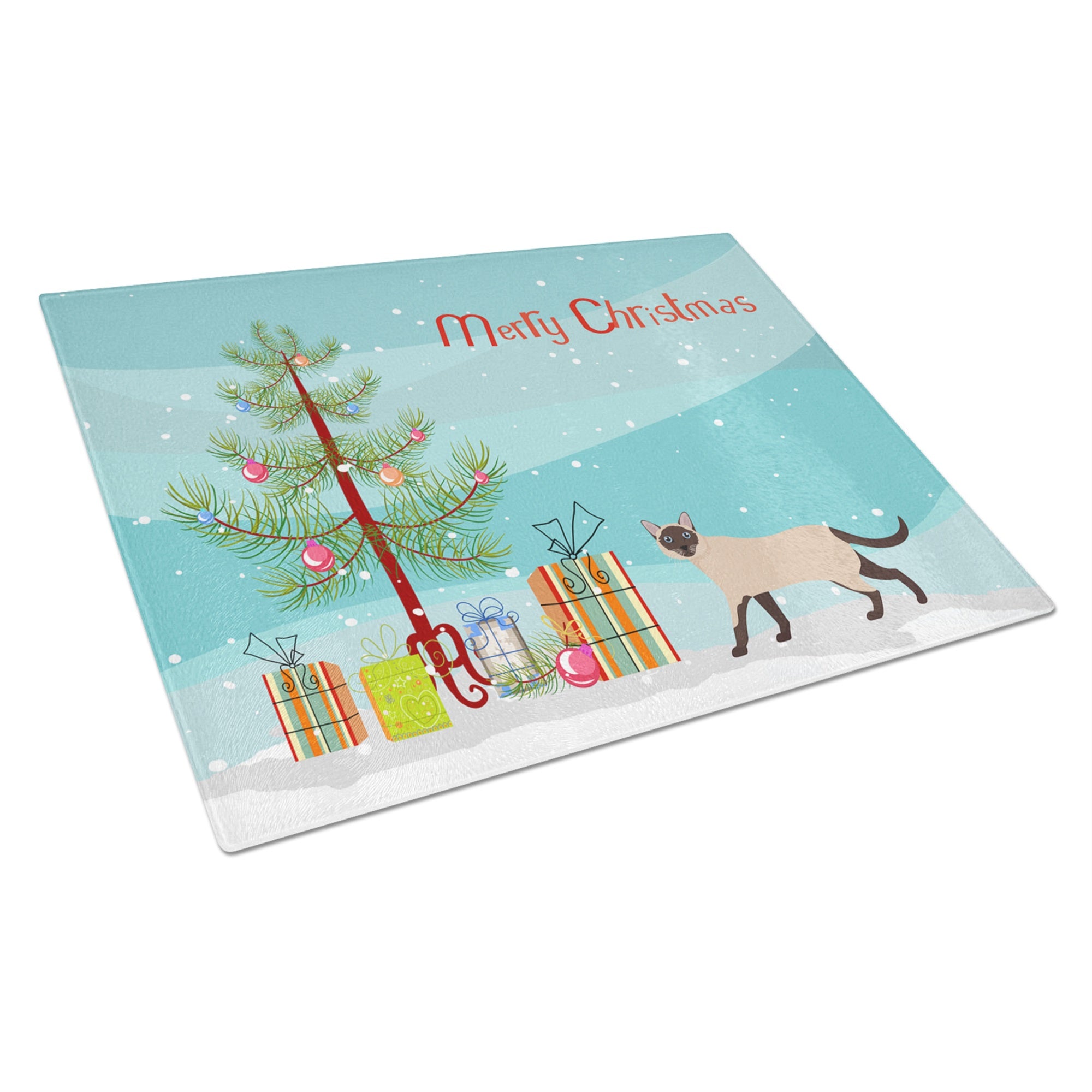 Siamese Traditional #2 Cat Merry Christmas Glass Cutting Board Large