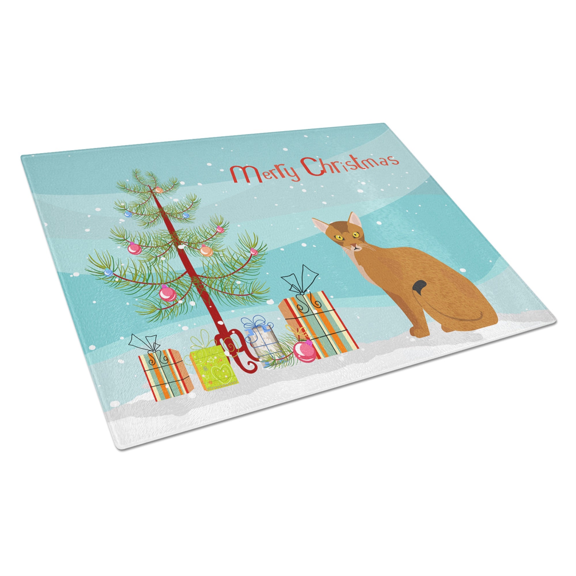 Abyssinian Cat Merry Christmas Glass Cutting Board Large