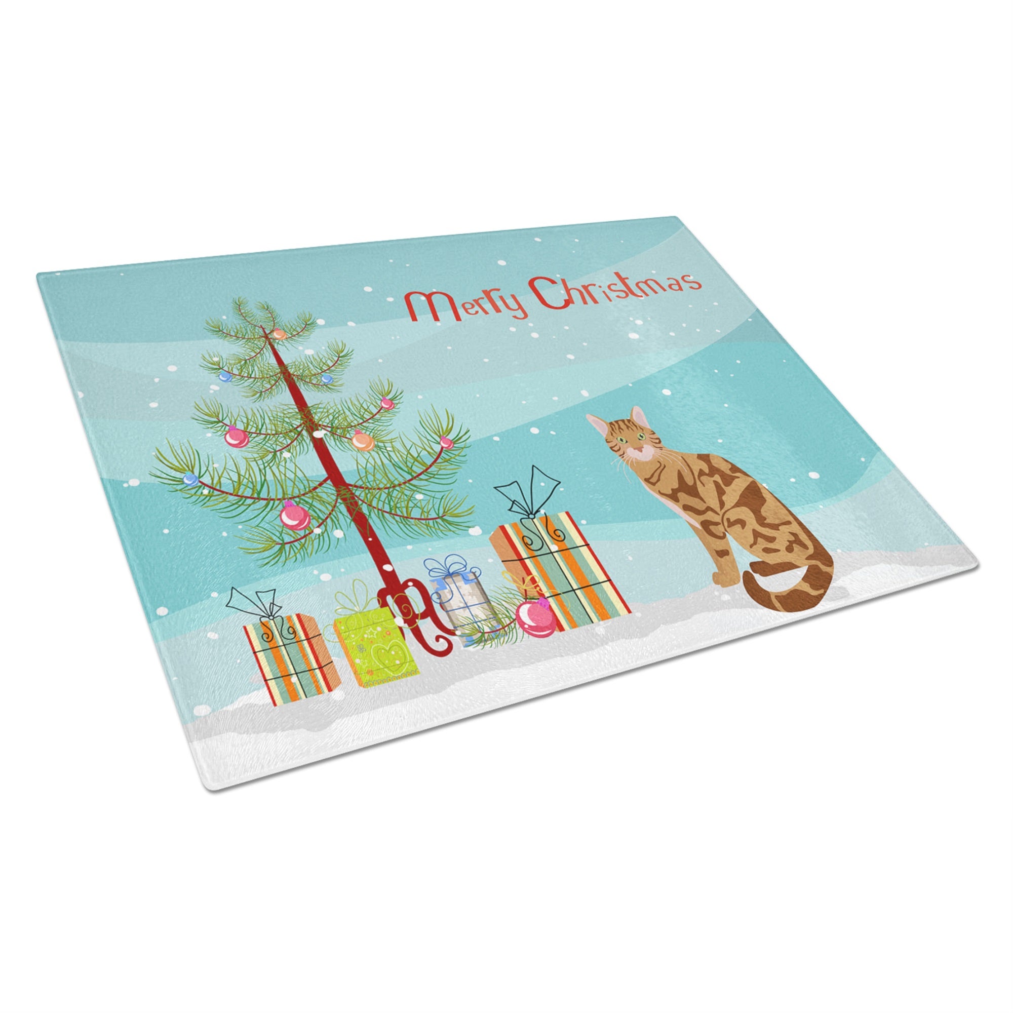 Bengal Cat Merry Christmas Glass Cutting Board Large