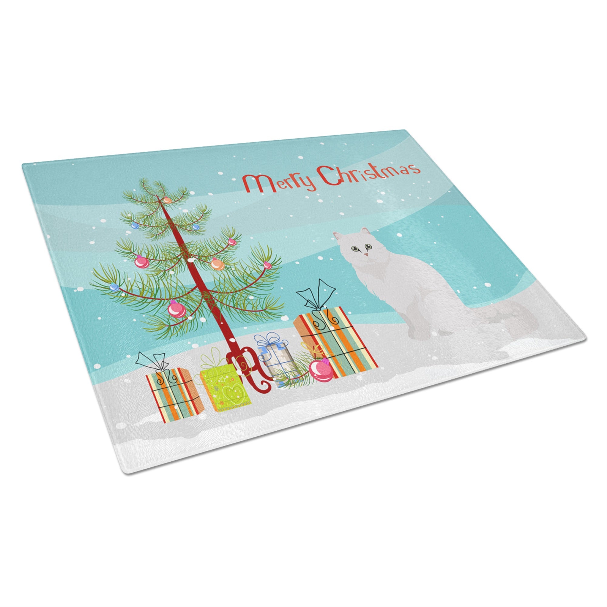 Chinchilla Persian Longhair Cat Merry Christmas Glass Cutting Board Large
