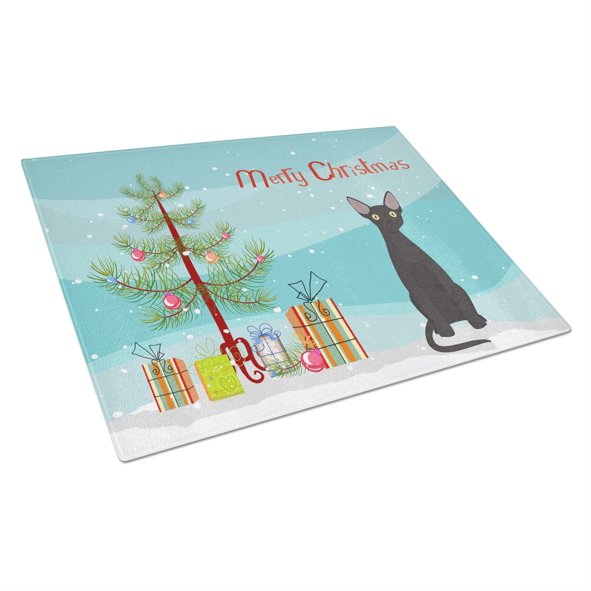 Devon Rex #3 Cat Merry Christmas Glass Cutting Board Large