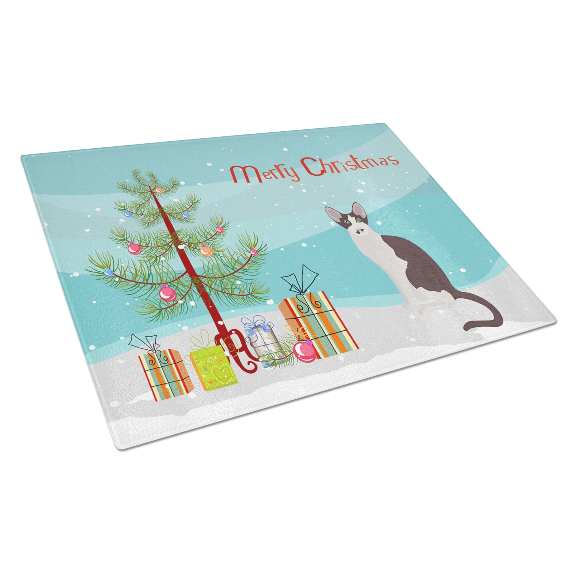 Oriental Bicolor Cat Merry Christmas Glass Cutting Board Large