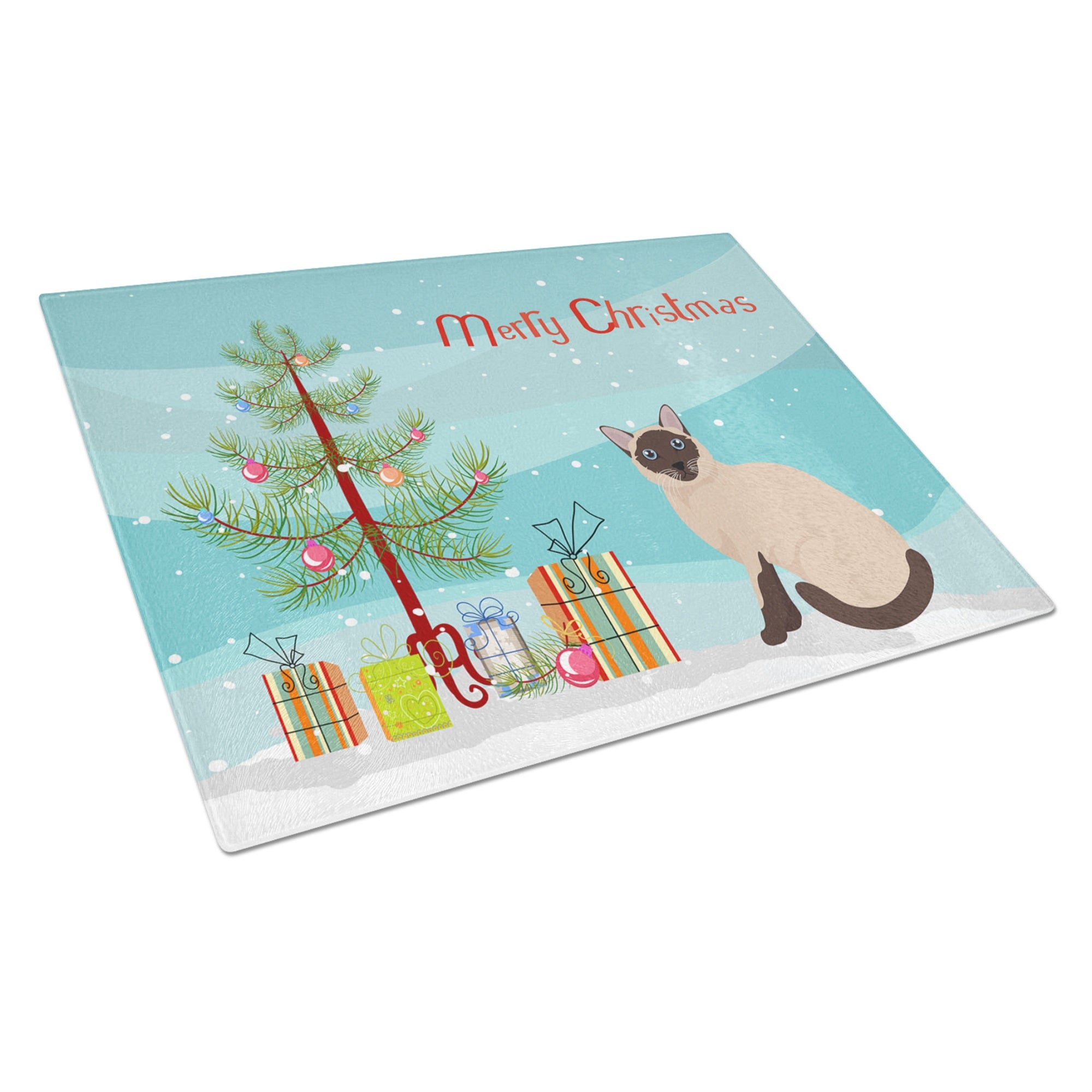 Siamese Traditional Cat Merry Christmas Glass Cutting Board Large