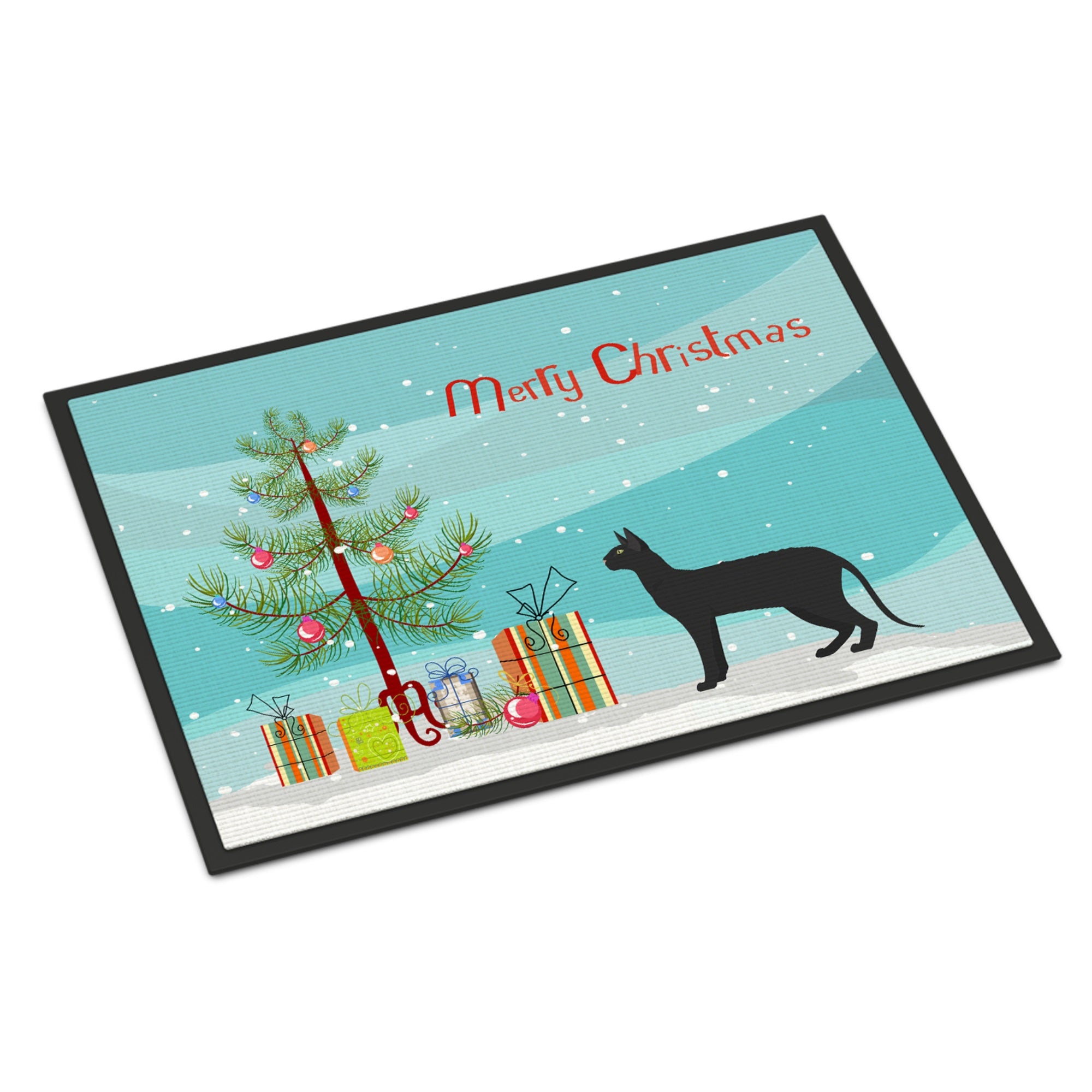 Black Cornish Rex Cat Merry Christmas Indoor Or Outdoor Mat 18X27