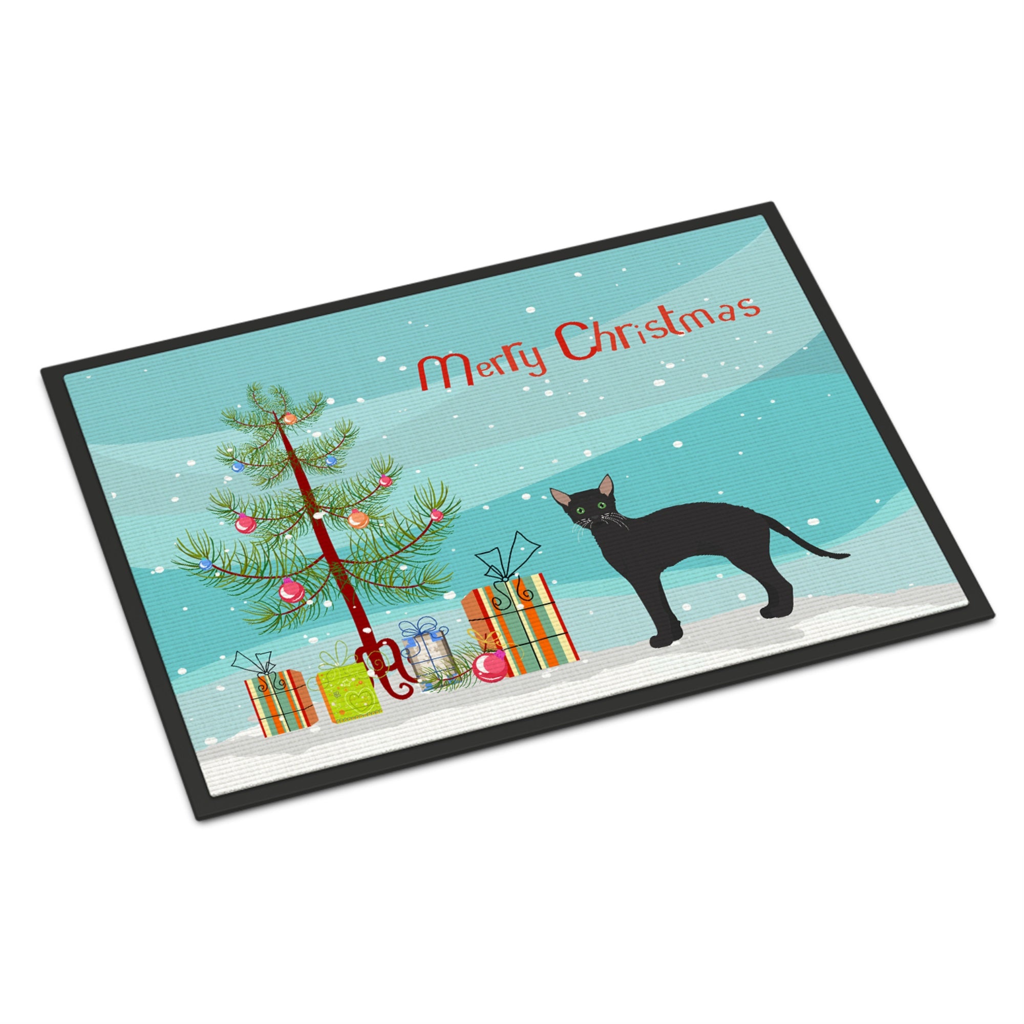 Black German Rex Cat Merry Christmas Indoor Or Outdoor Mat 18X27