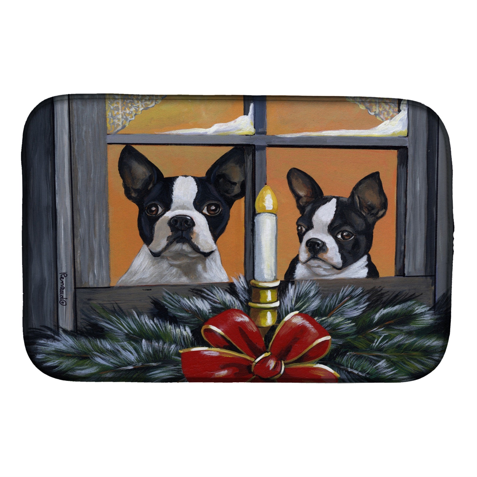 Boston Terrier Looking For Santa Christmas Dish Drying Mat