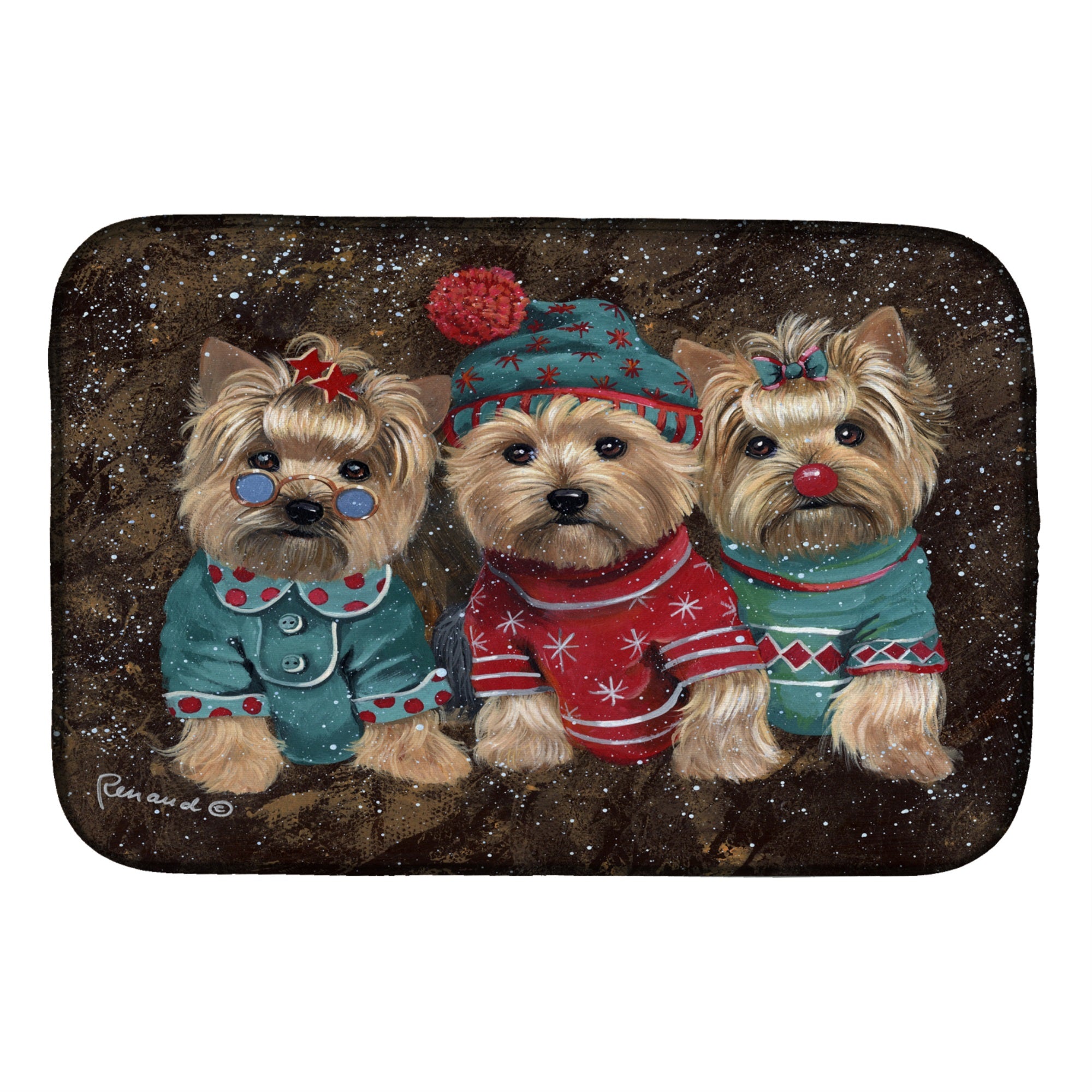 Yorkshire Terrier Yorkie Christmas Elves Dish Drying Mat
