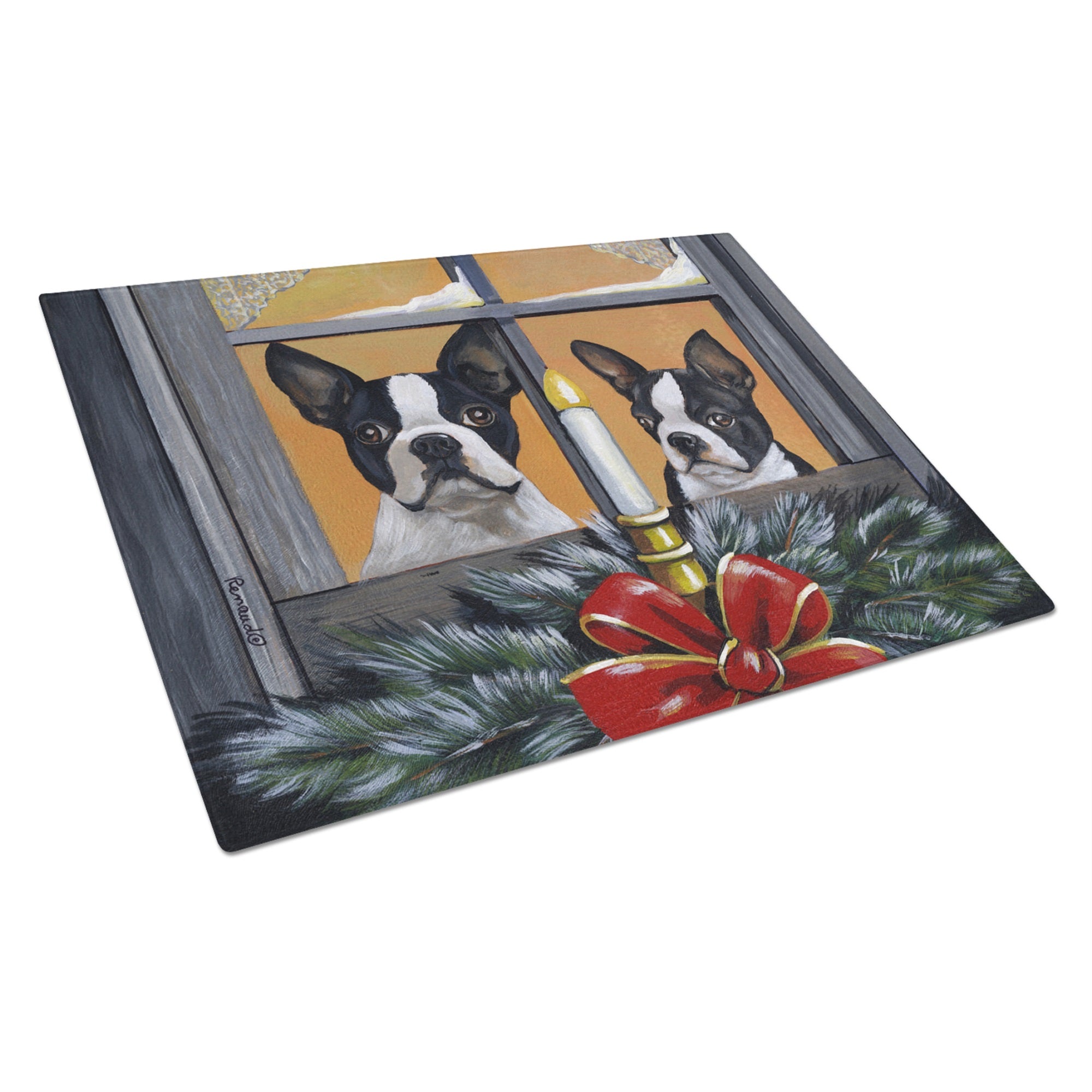 Boston Terrier Looking For Santa Christmas Glass Cutting Board Large