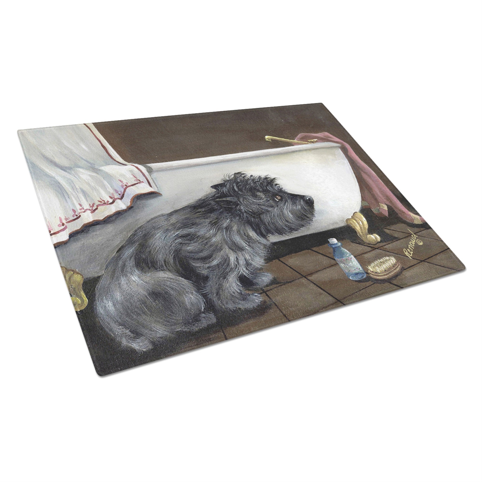 Cairn Terrier Bath Time Glass Cutting Board Large