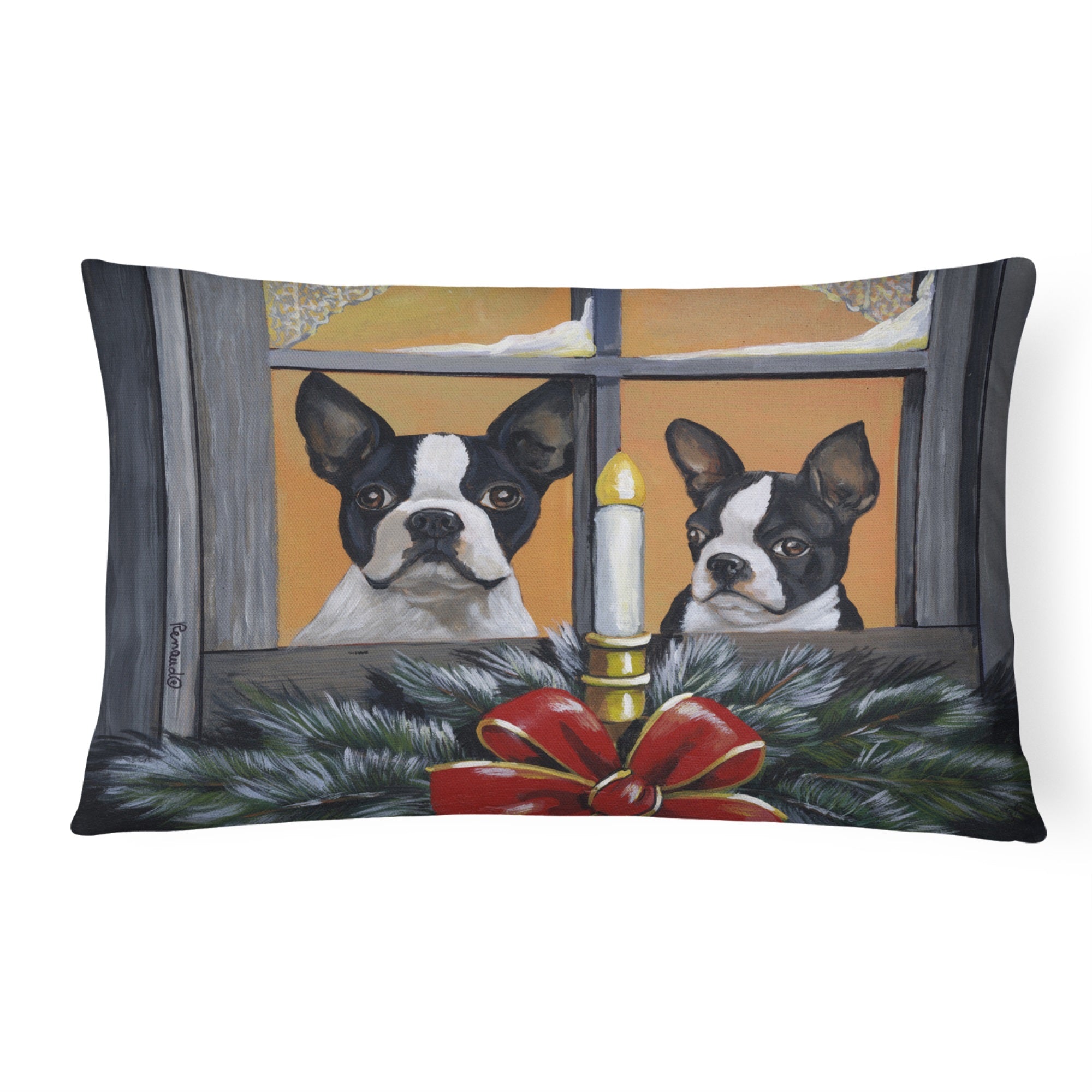 Boston Terrier Looking For Santa Christmas Canvas Fabric Decorative Pillow