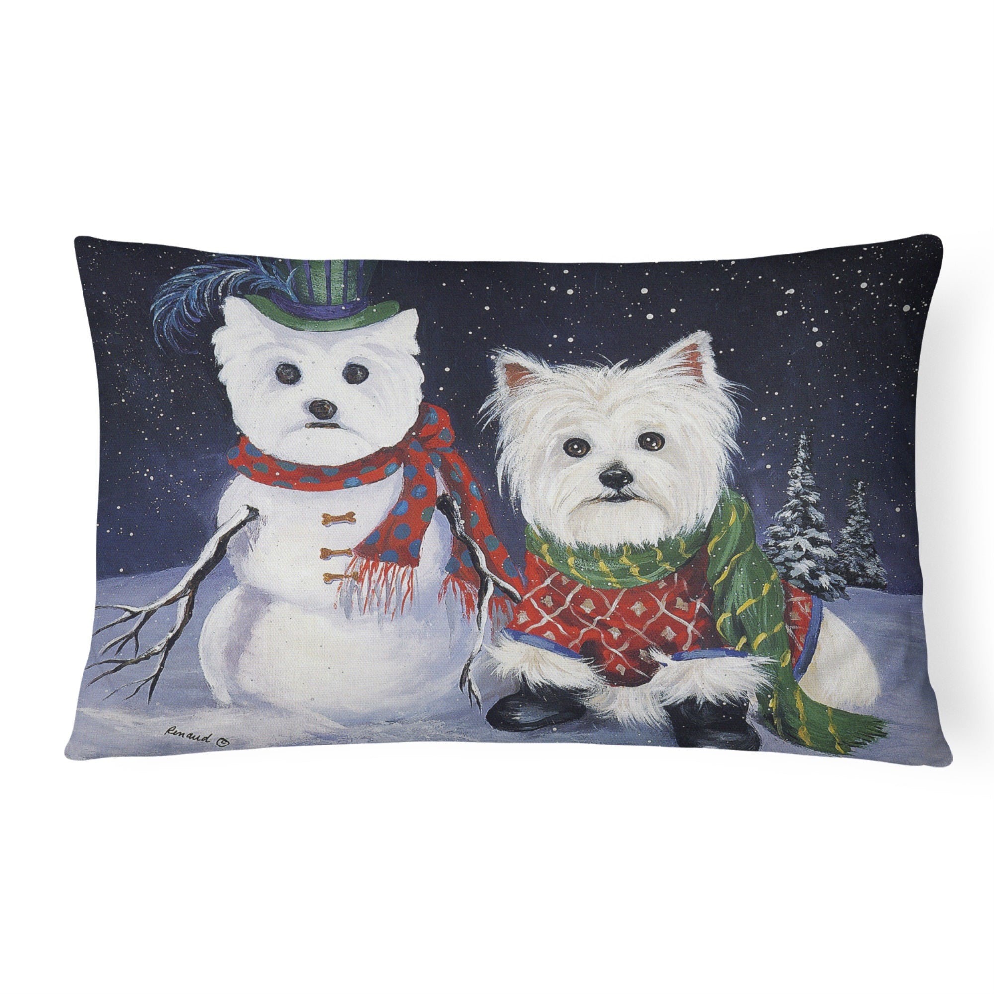Westie Christmas Self Portrait Canvas Fabric Decorative Pillow