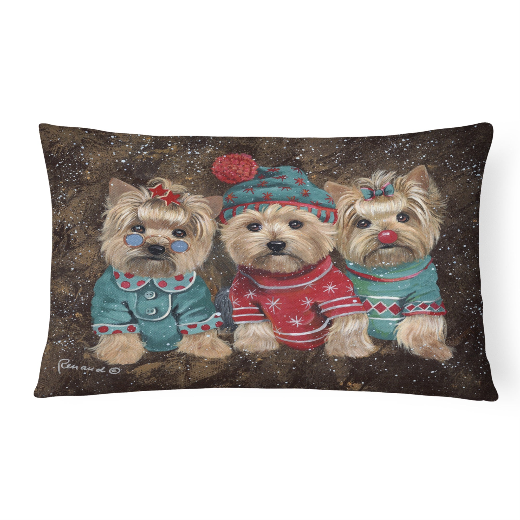 Yorkshire Terrier Yorkie Christmas Elves Canvas Fabric Decorative Pillow