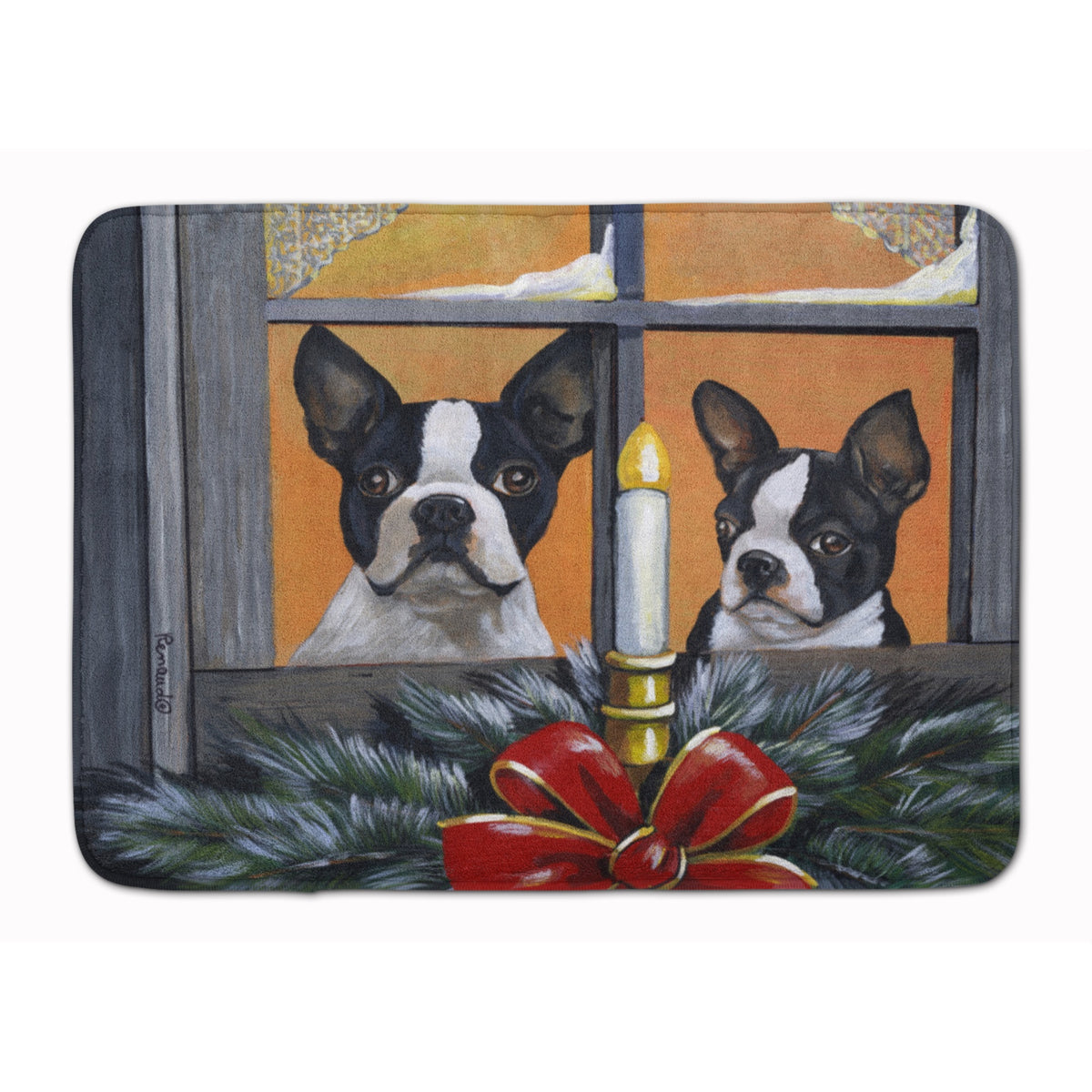 Boston Terrier Looking For Santa Christmas Machine Washable Memory Foam Mat