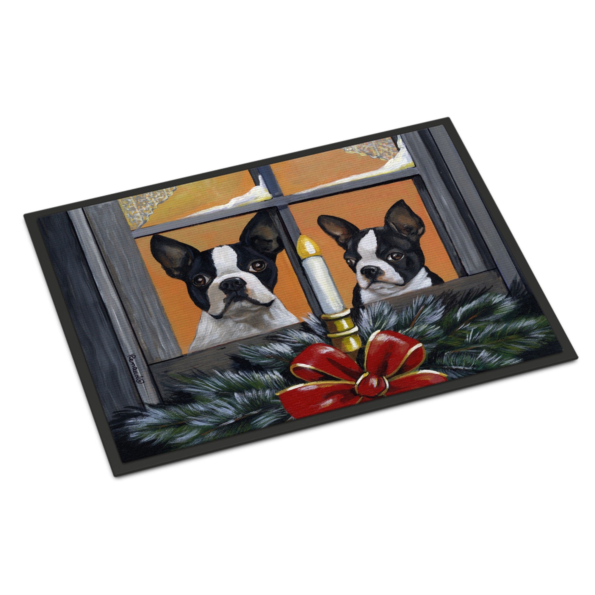 Boston Terrier Looking For Santa Christmas Indoor Or Outdoor Mat 18X27
