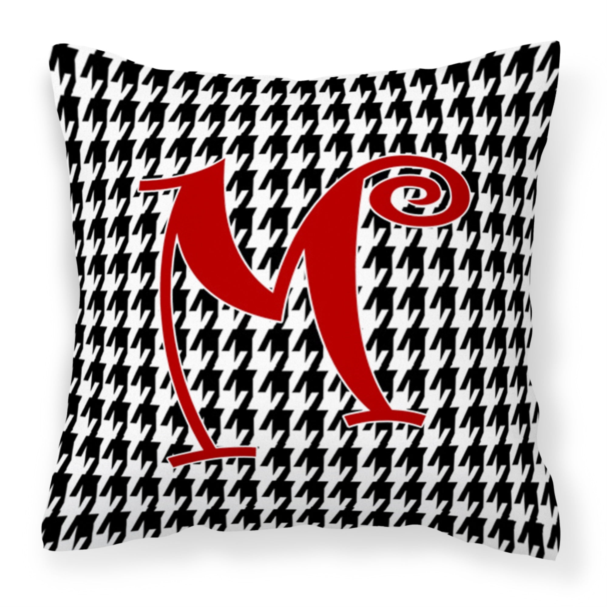 Letter M Initial Monogram - Houndstooth Black Fabric Decorative Pillow