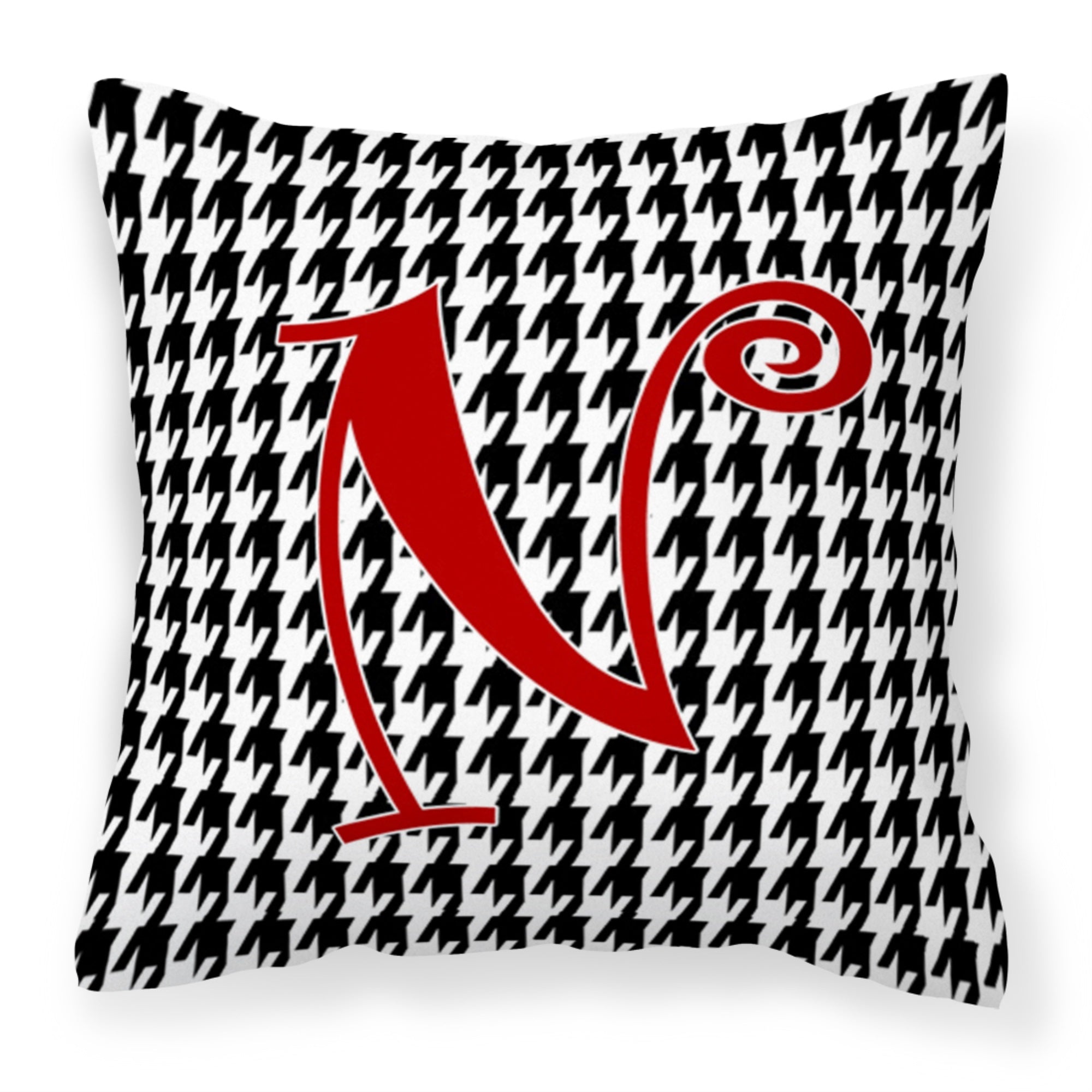 Letter N Initial Monogram - Houndstooth Black Fabric Decorative Pillow