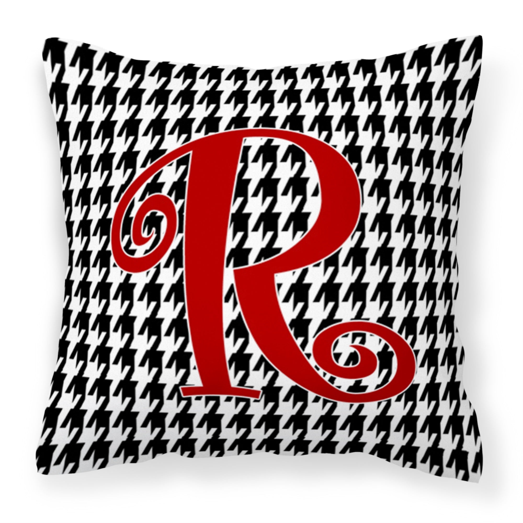 Letter R Initial Monogram - Houndstooth Black Fabric Decorative Pillow