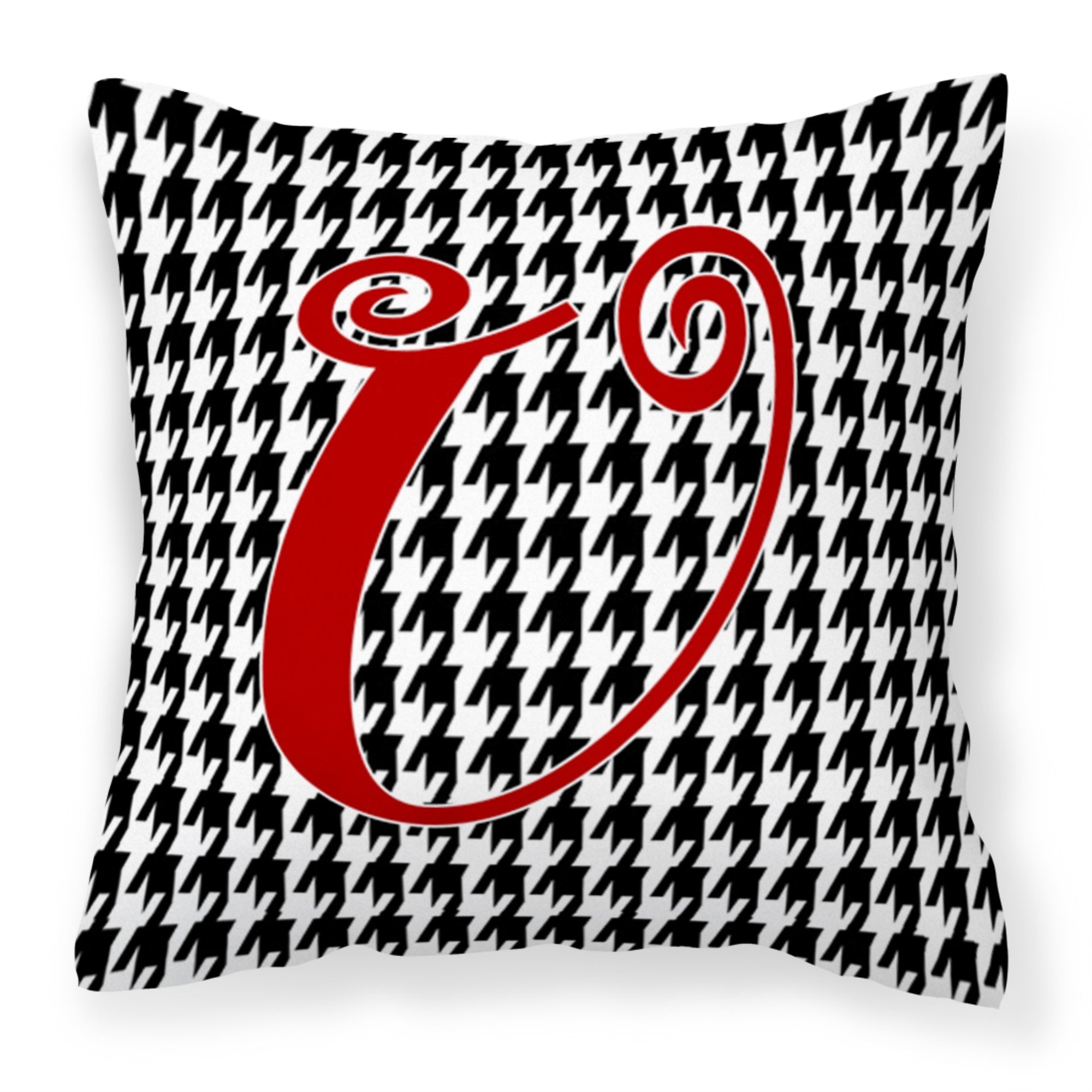 Letter U Initial Monogram - Houndstooth Black Fabric Decorative Pillow