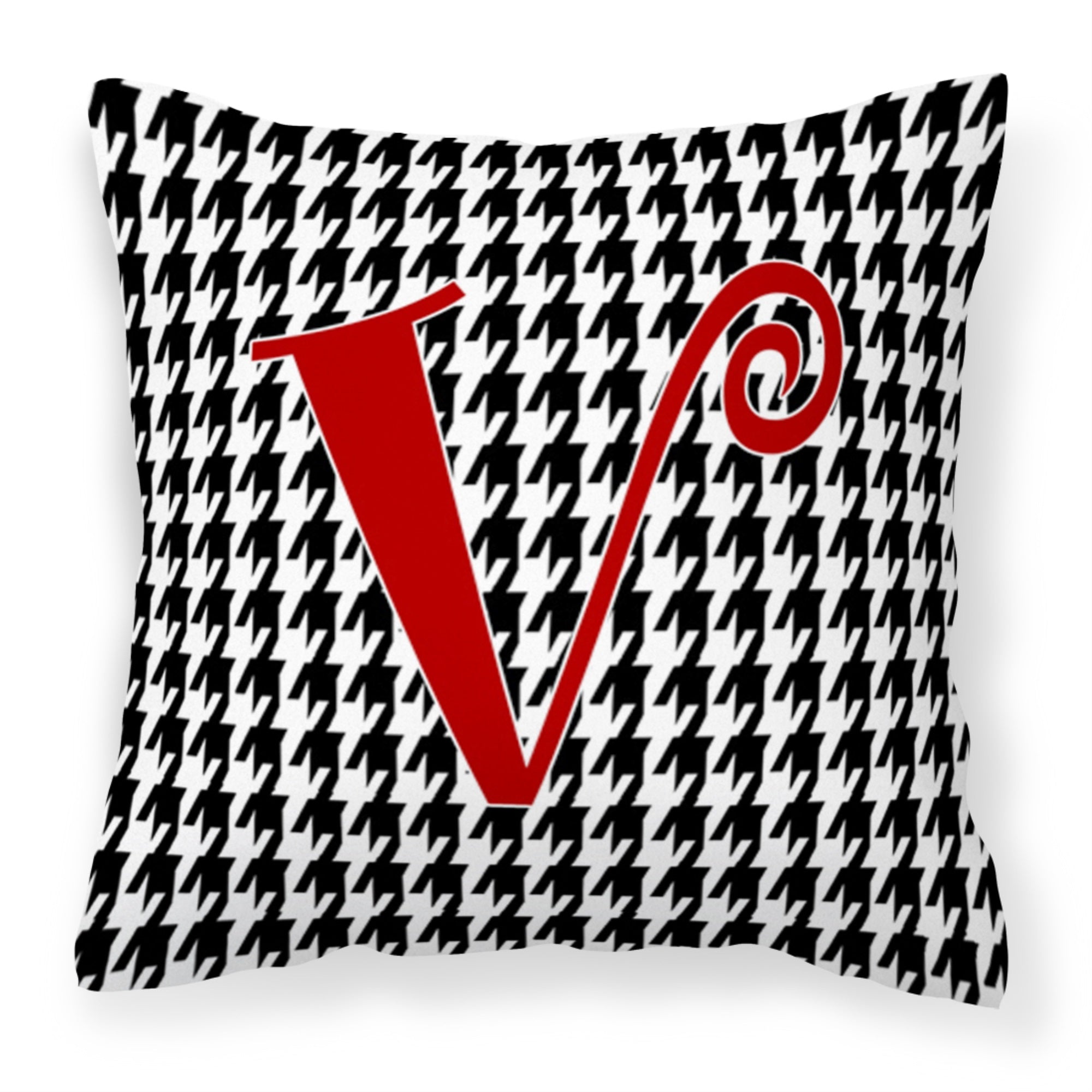 Letter V Initial Monogram - Houndstooth Black Fabric Decorative Pillow