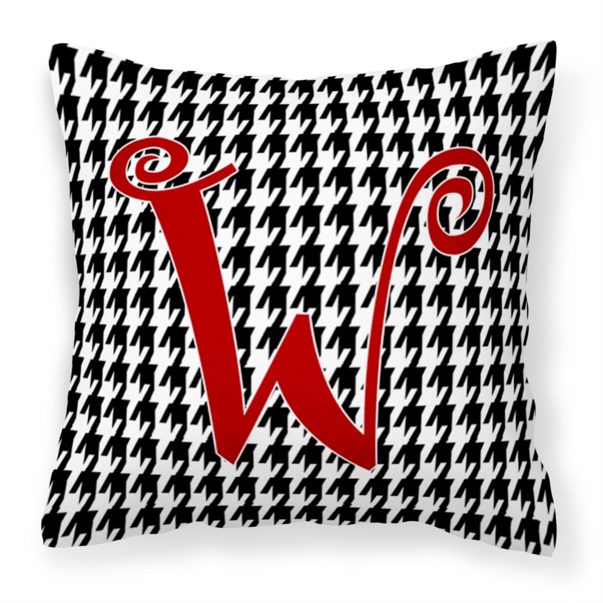 Letter W Initial Monogram - Houndstooth Black Fabric Decorative Pillow