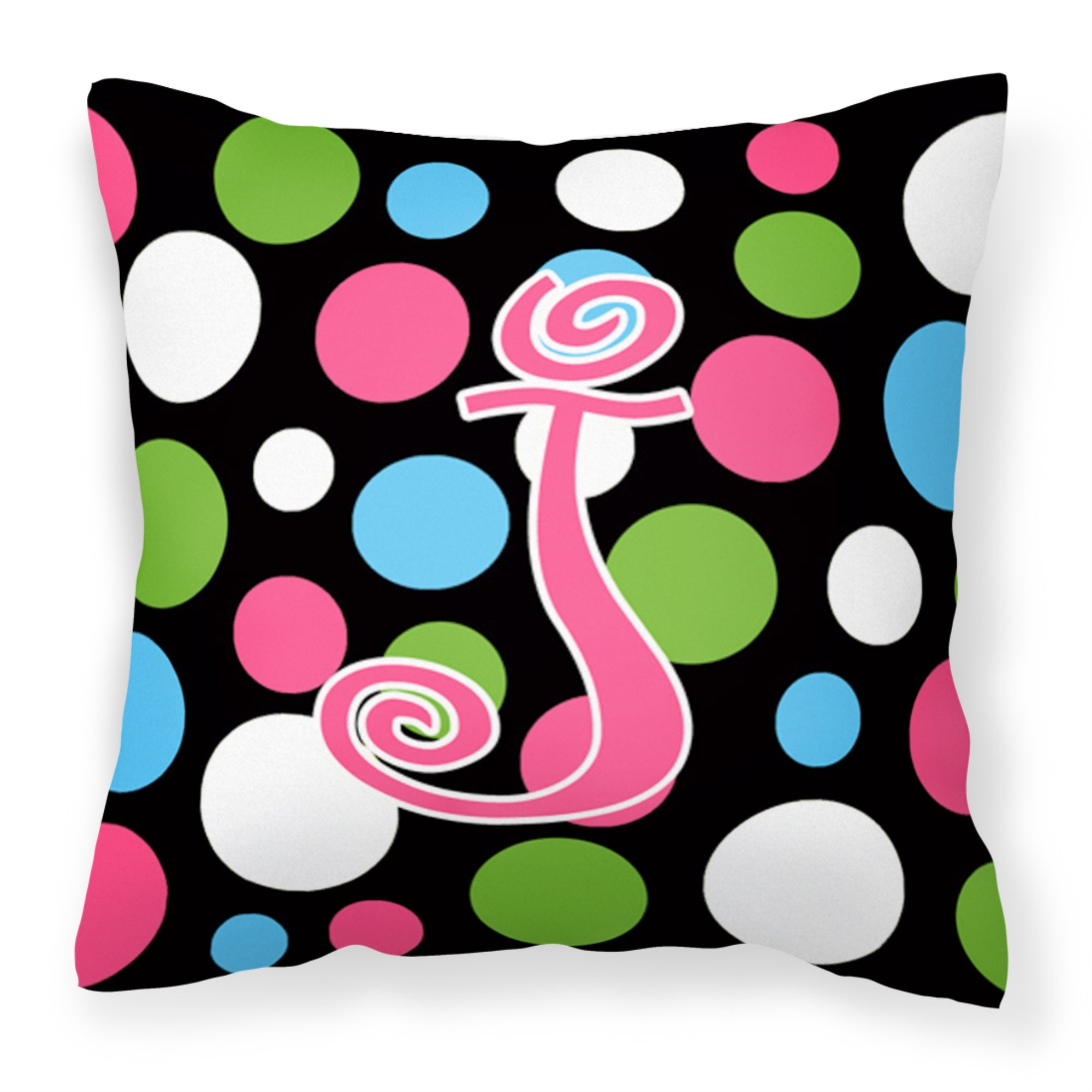 Letter J Initial Monogram - Polkadots And Pink Fabric Decorative Pillow