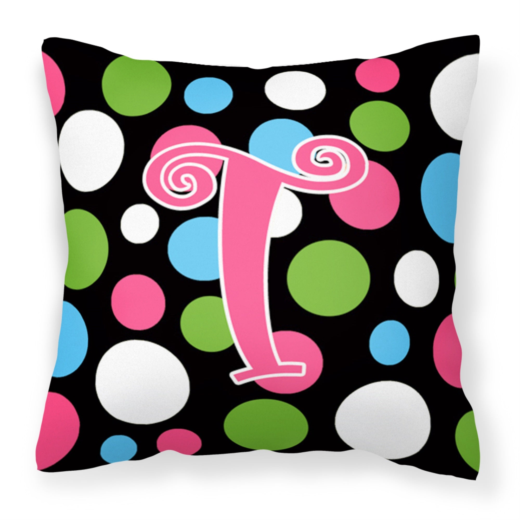 Letter T Initial Monogram - Polkadots And Pink Fabric Decorative Pillow