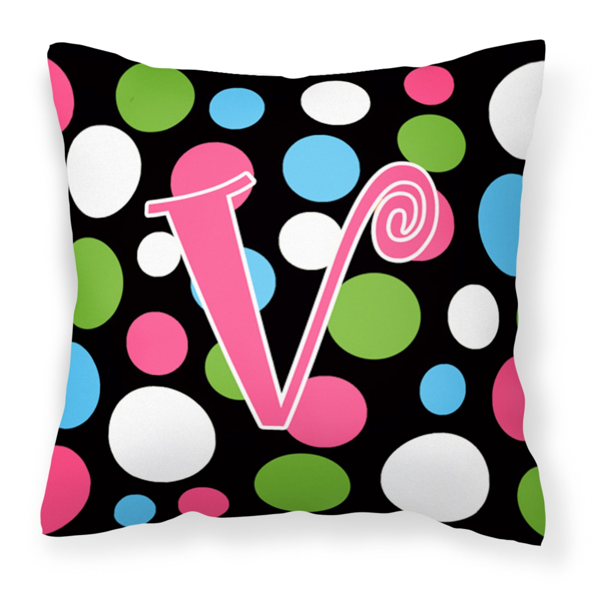 Letter V Initial Monogram - Polkadots And Pink Fabric Decorative Pillow