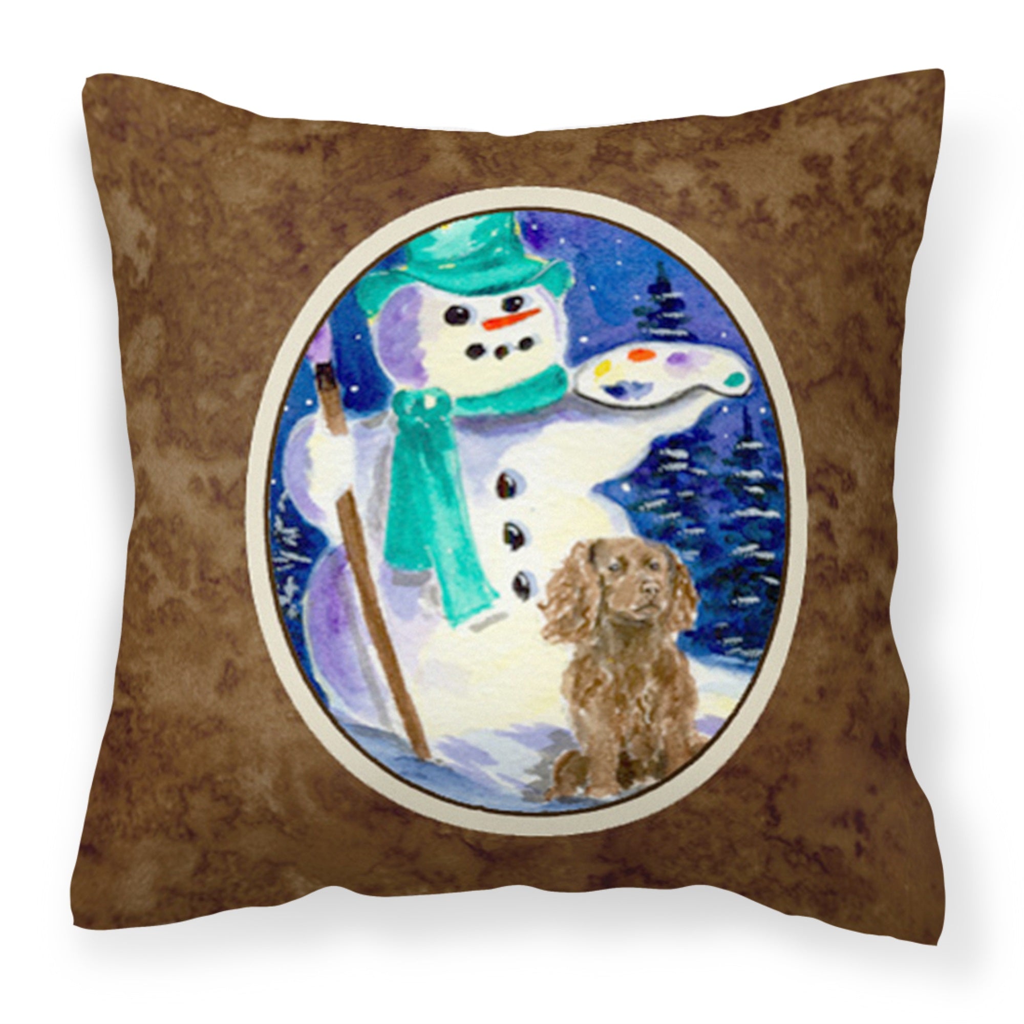 English Springer Spaniel With Artist Snowman Fabric Decorative Pillow