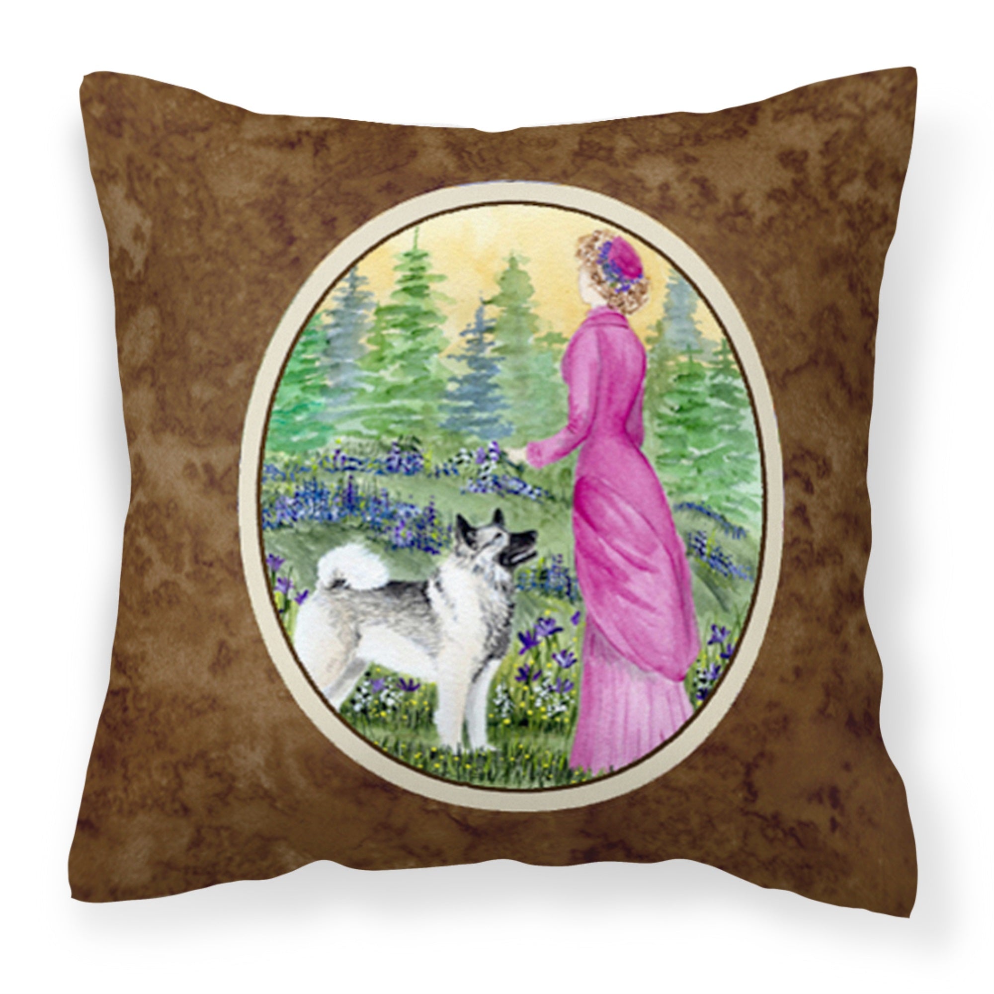 Lady With Her Norwegian Elkhound Fabric Decorative Pillow